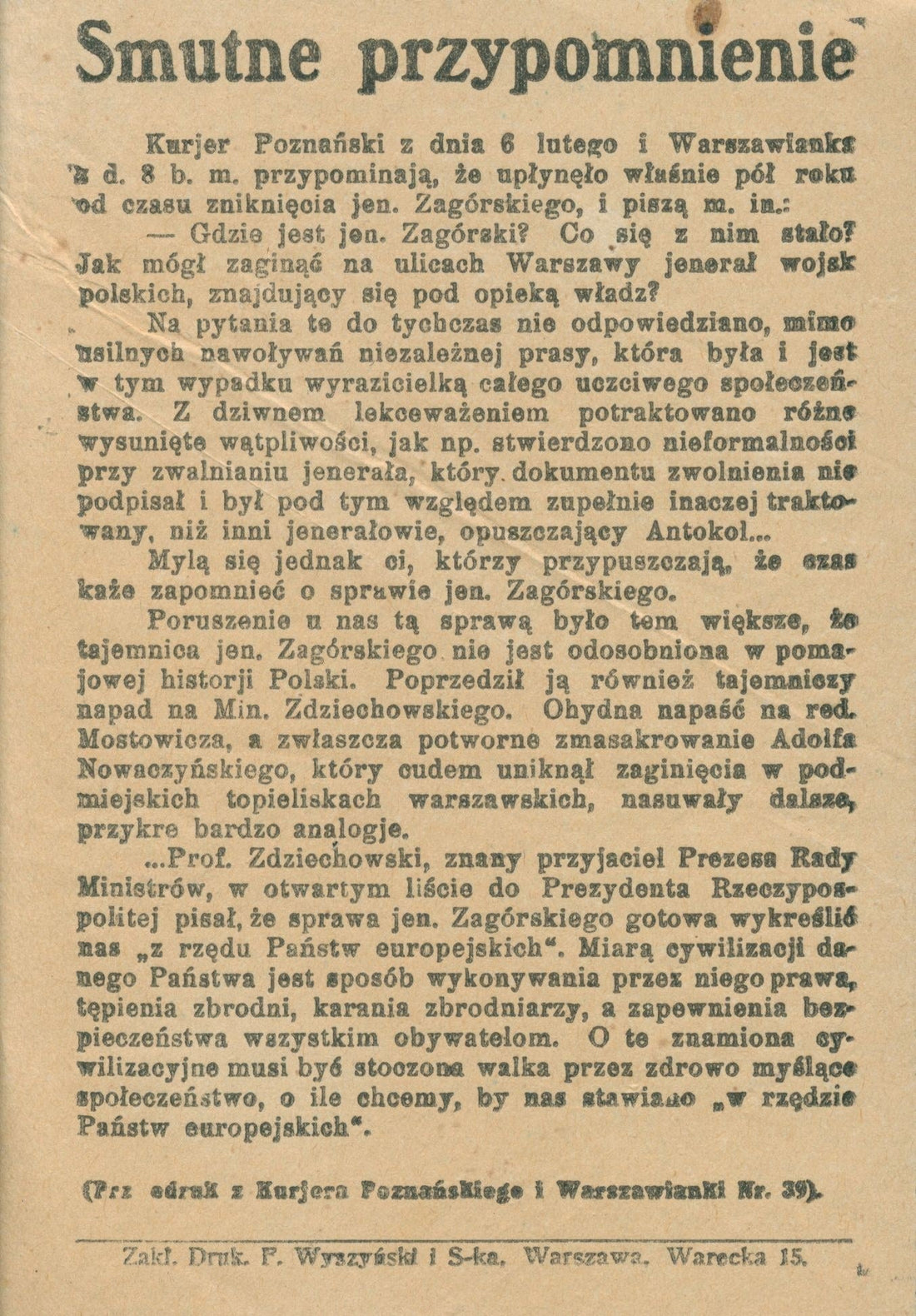 Z okazji 100. rocznicy zamachu majowego. Sprawa generała Zagórskiego w katalogu VIII Aukcji Antykwariatu Gryf