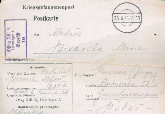 Korespondencja listowna z Oflagu XIII A - listy wysyłane przez osadzonego