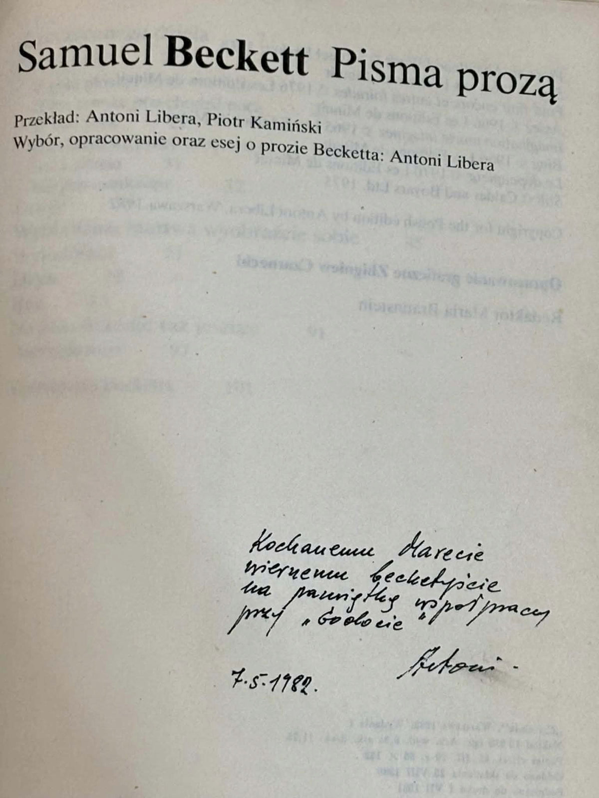 Pisma prozą Samuel Beckett [dedykacja]