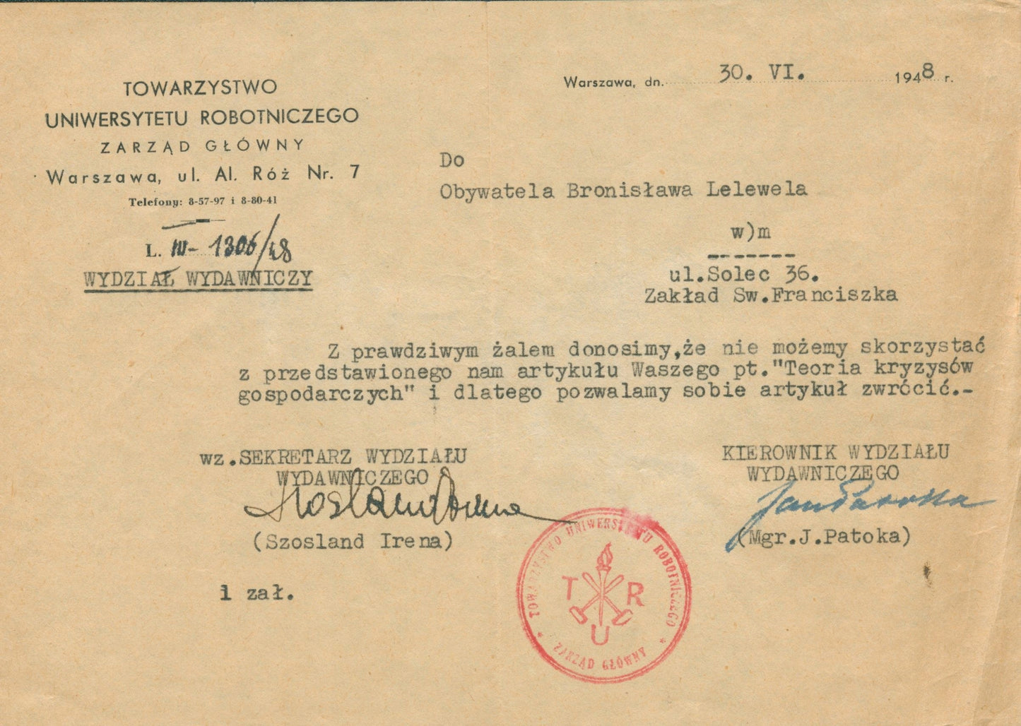 Zestaw dokumentów Bronisława Lelewela, w tym maszynopis pracy