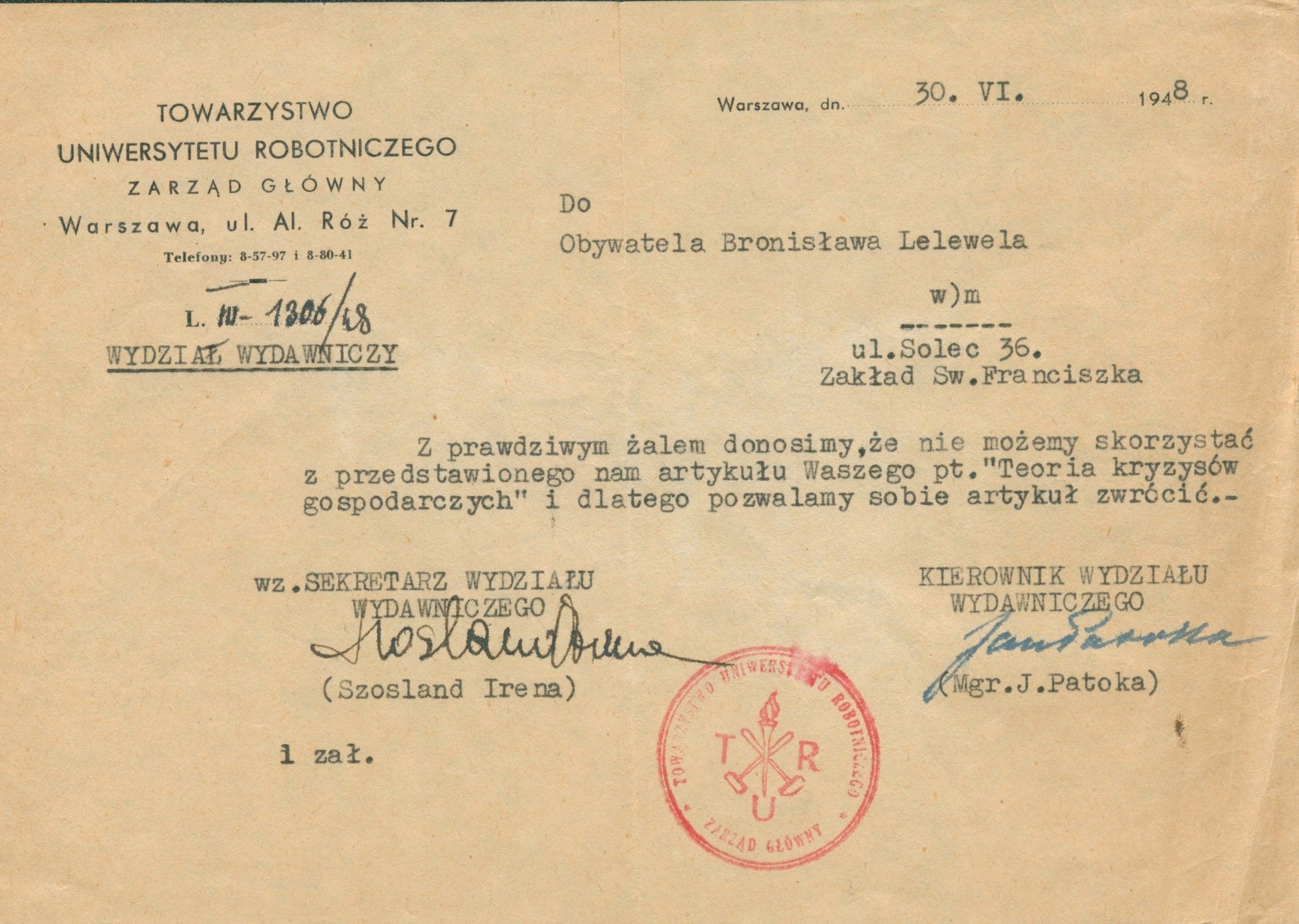 Zestaw dokumentów Bronisława Lelewela, w tym maszynopis pracy
