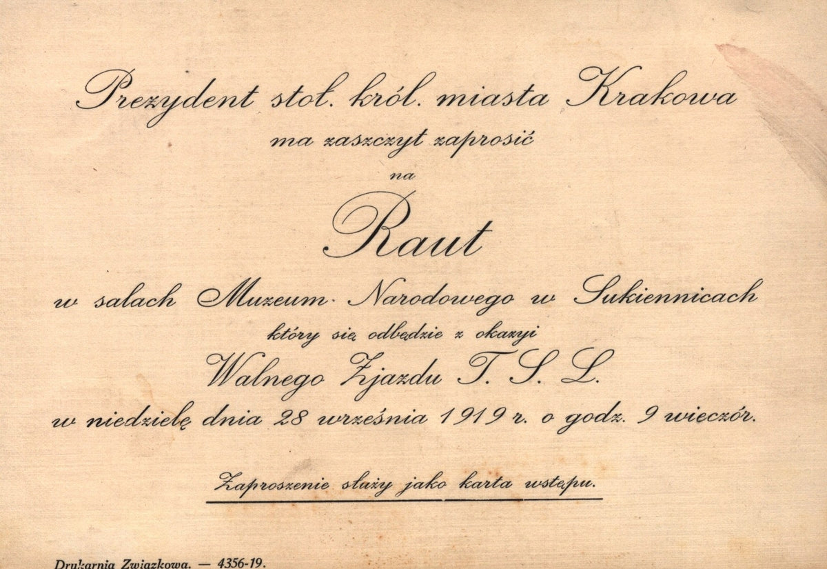 Zaproszenie Prezydenta Krakowa na raut w salach Muzeum Narodowego [1919]
