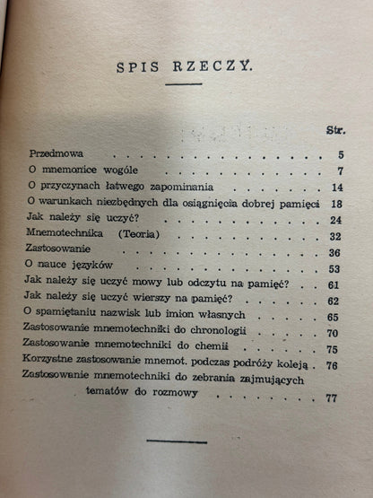 Mnemonika czyli Sztuka kształcenia i wzmacniania pamięci P. Kalina [1939]