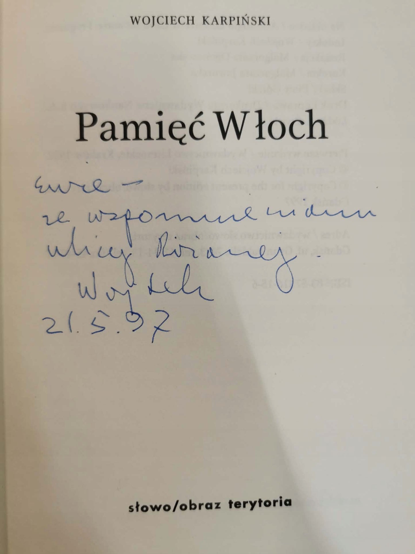 Pamięć Włoch, W. Karpiński [DEDYKACJA ODAUTORSKA]