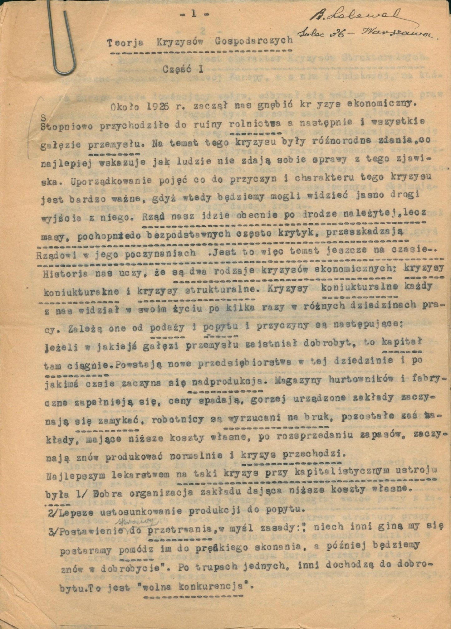 Zestaw dokumentów Bronisława Lelewela, w tym maszynopis pracy