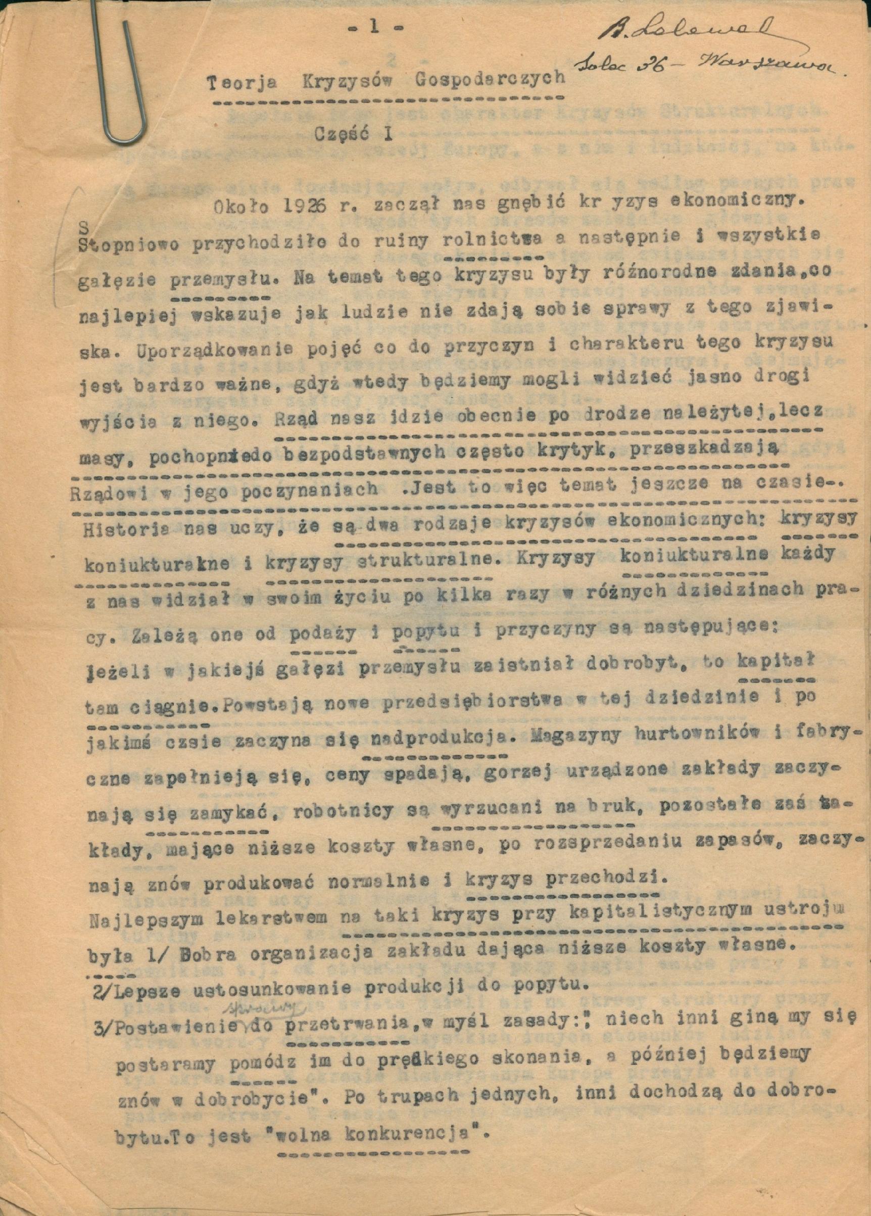 Zestaw dokumentów Bronisława Lelewela, w tym maszynopis pracy