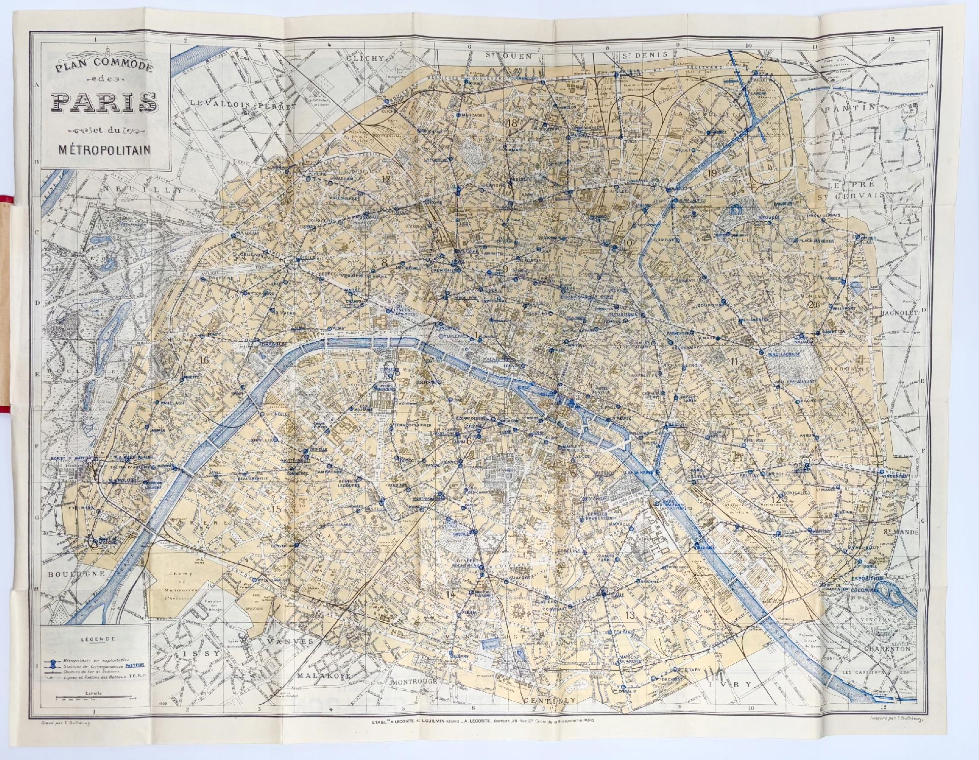 Plan Commode de Paris Rues et Monuments Metropolitain Autobus [Paryż 1933]