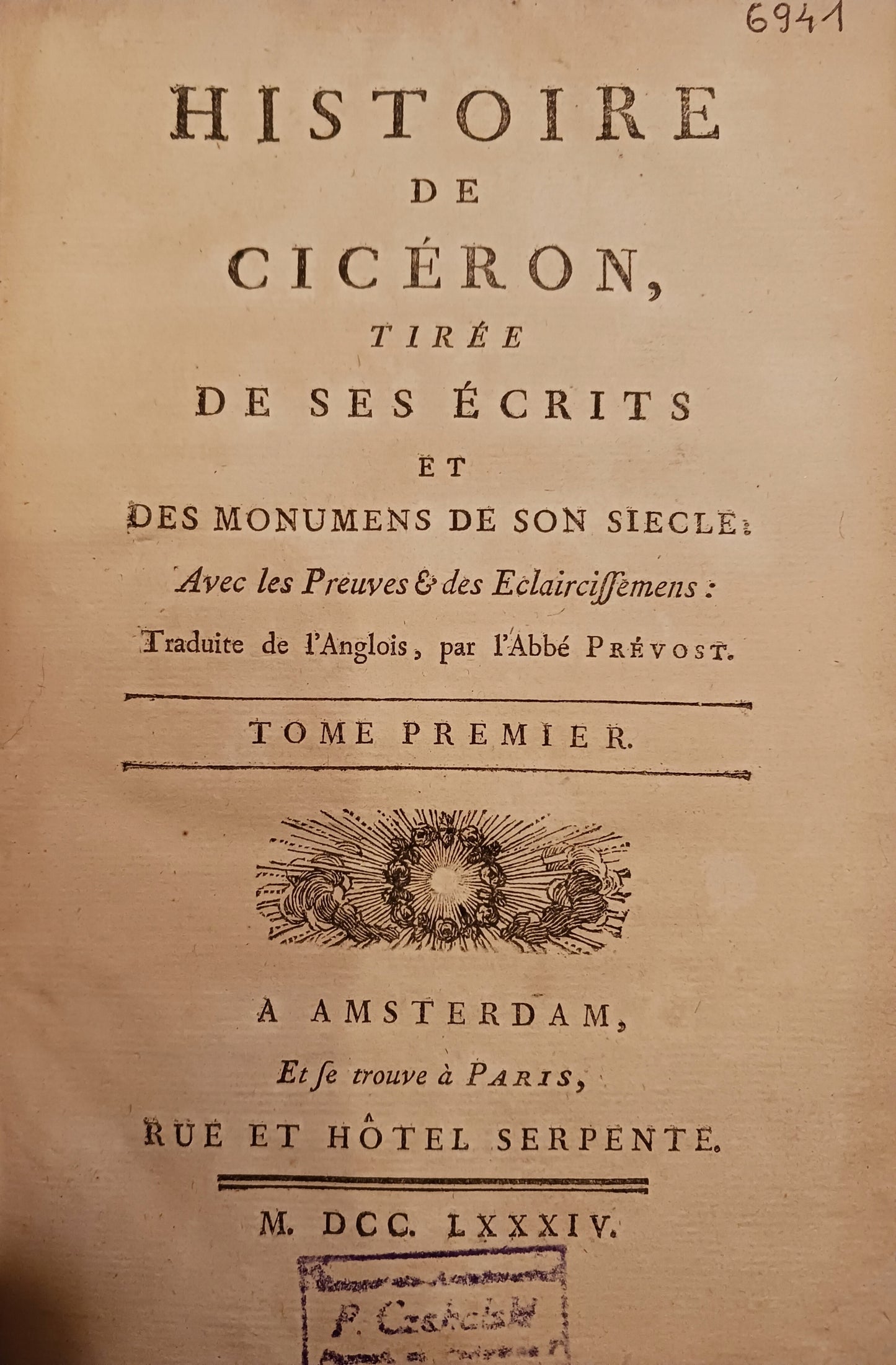 Histoire de Cicéron tom I [jęz. francuski] [wydanie z roku 1784]
