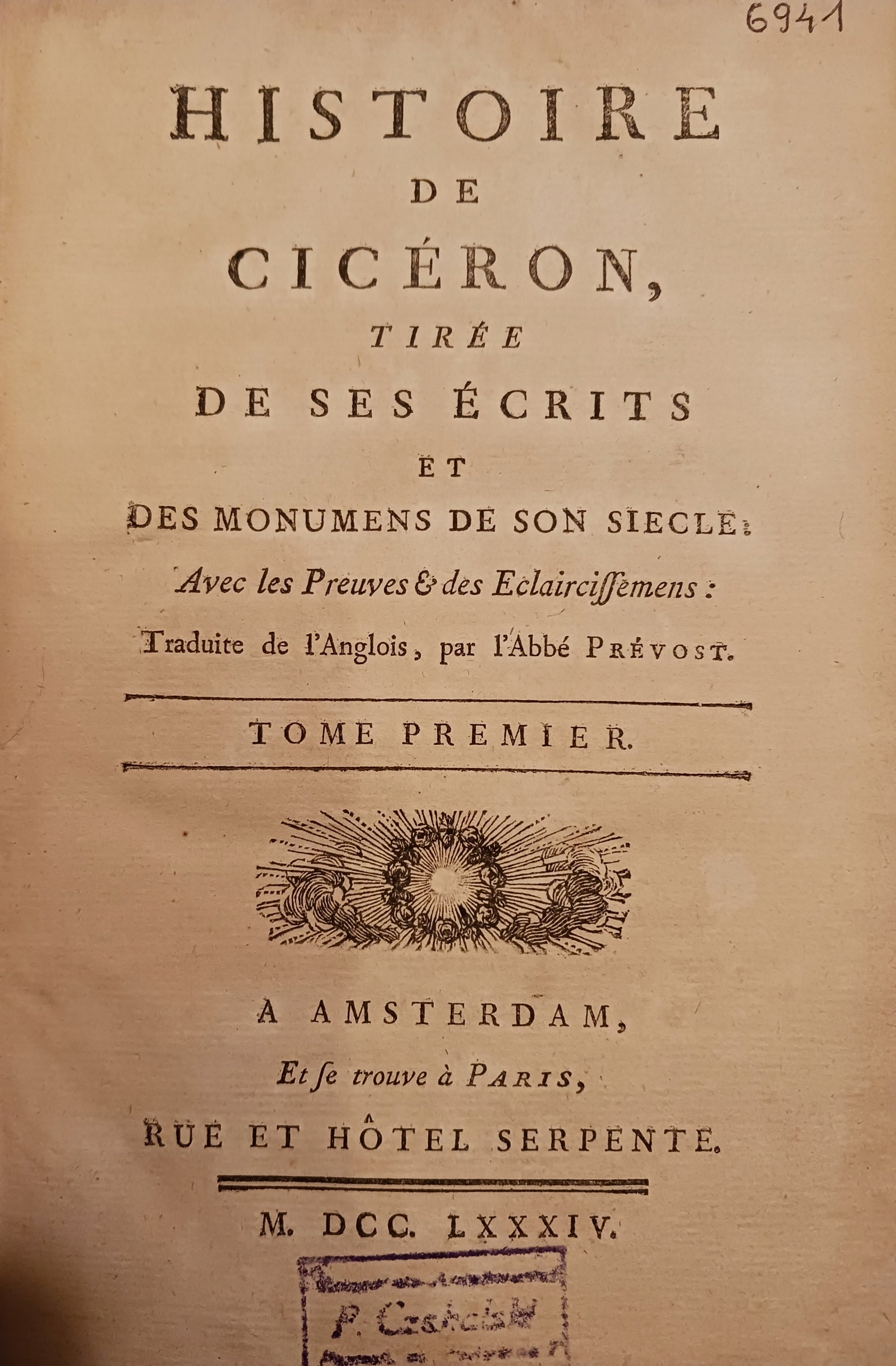 Histoire de Cicéron tom I [jęz. francuski] [wydanie z roku 1784]