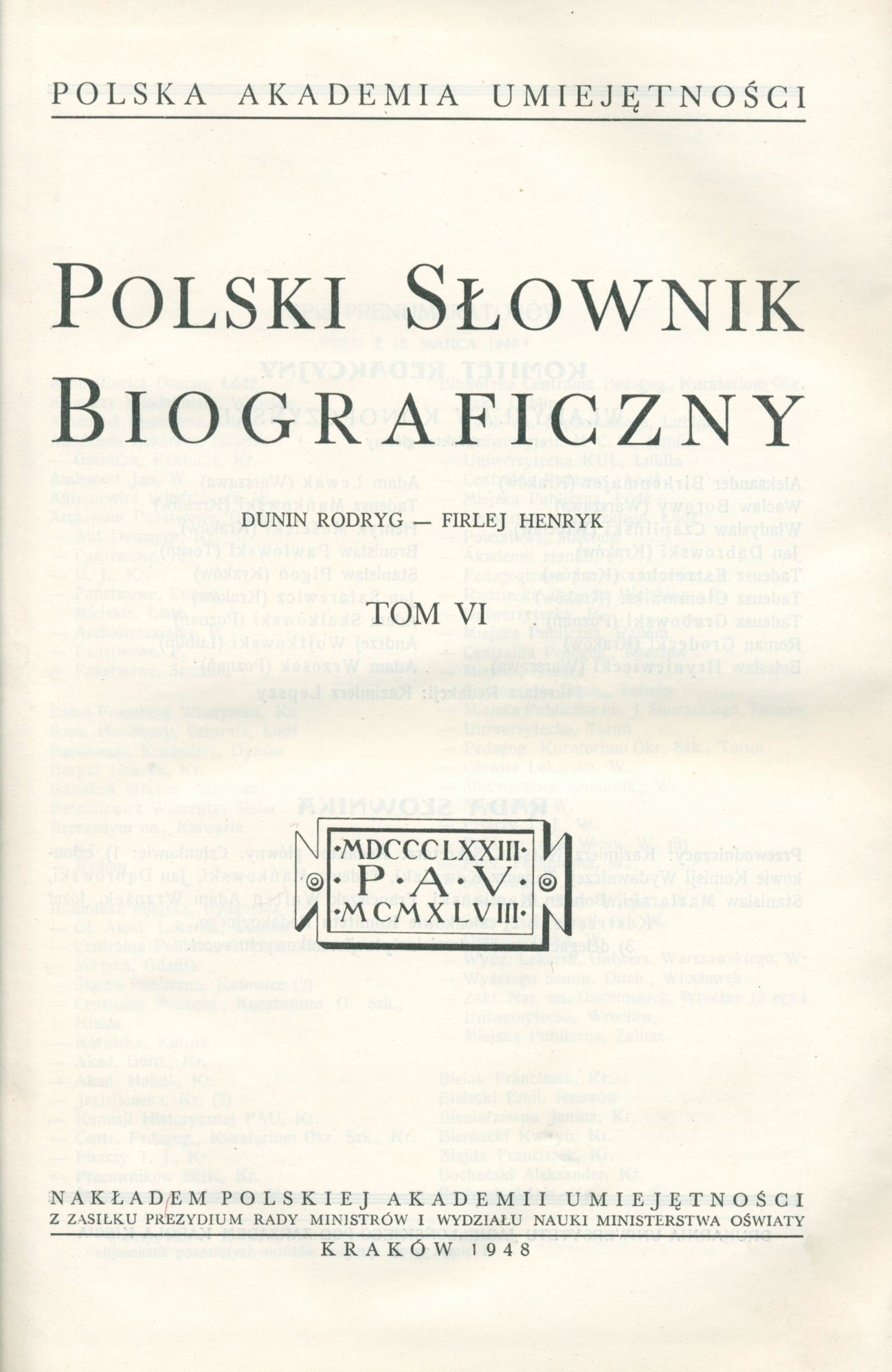 Polski Słownik Biograficzny, t. I - VI [Warszawa 1935 -1948]