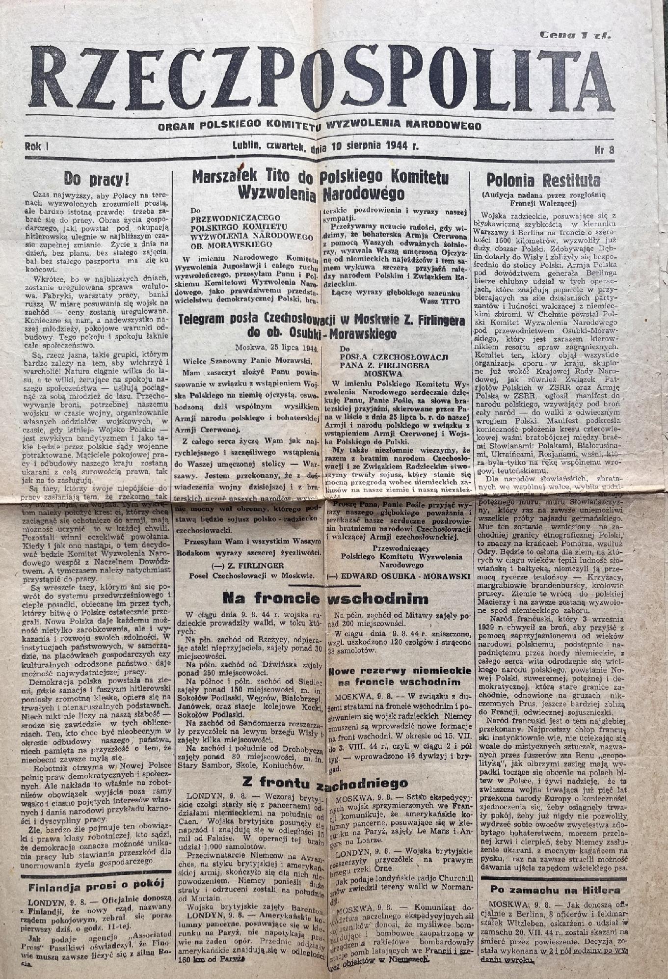Rzeczpospolita [10.08.1944] - w numerze m.in. gratulacje marszałka Tito dla