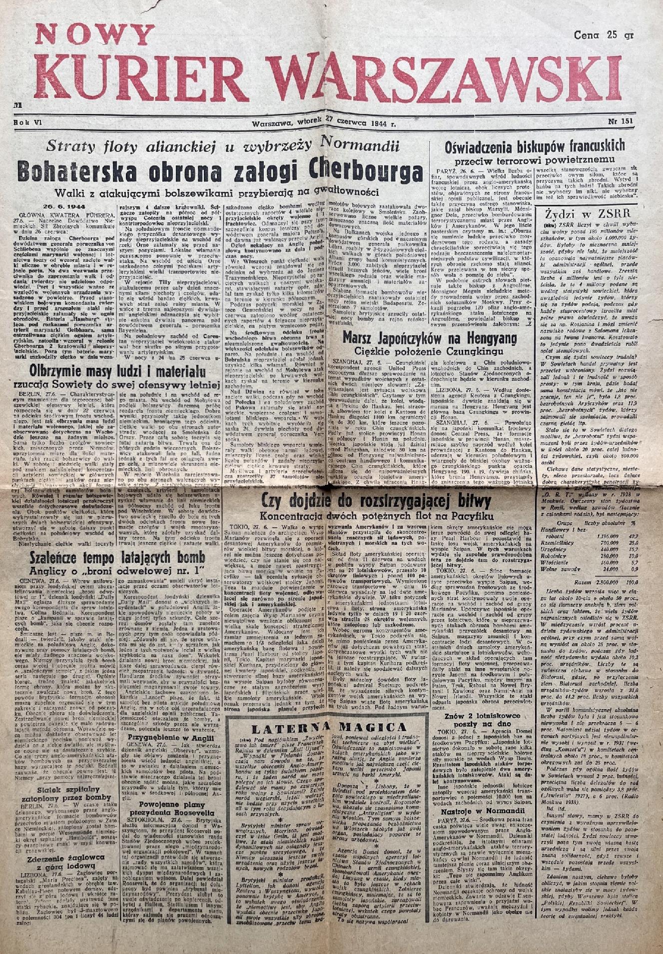 Nowy Kurier Warszawski [27.06.1944] - niemiecka obrona w Normandii, obrona