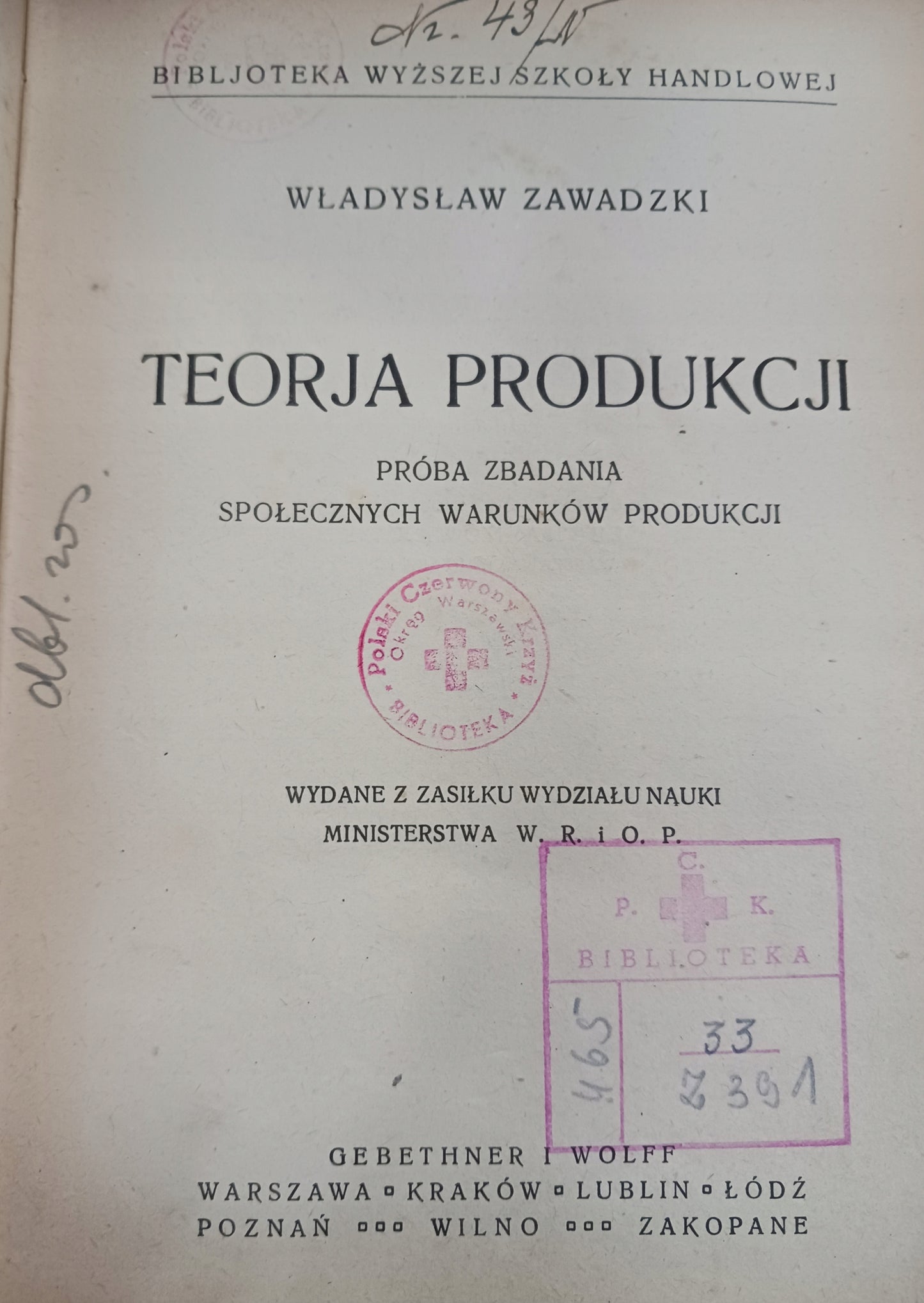 Teorja produkcji Władysław Zawadzki [Wydanie przedwojenne 1923 rok]