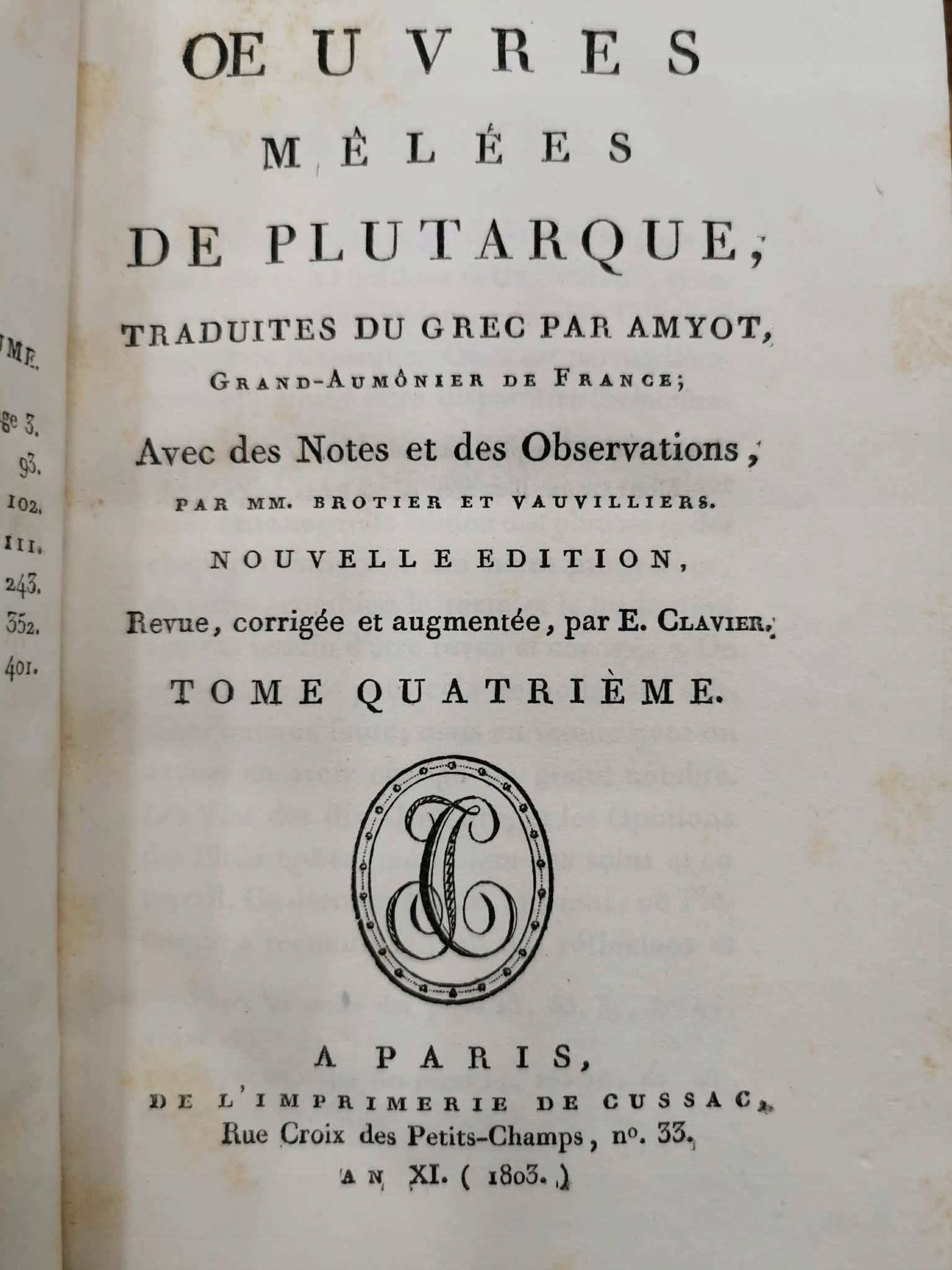 Oeuvres melees de Plutarque, t. IV [Paryż 1803]