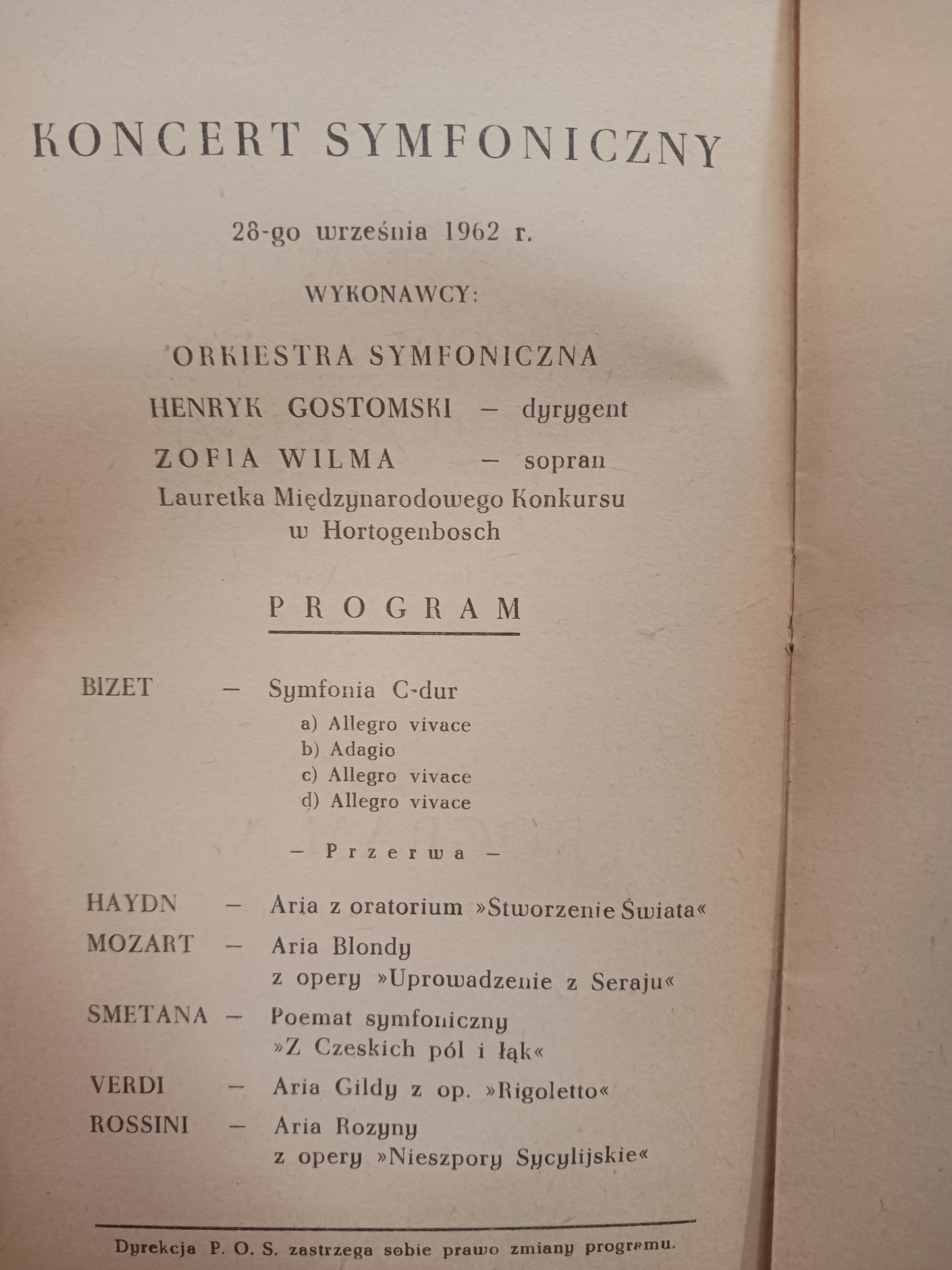 Państwowa Orkiestra Symfoniczna w Kielcach program nr 2 sezon 1962/63