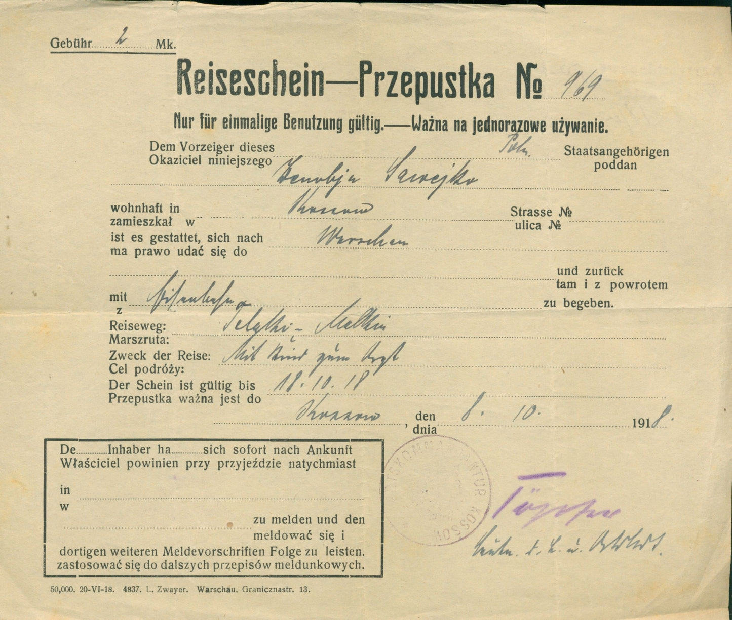 Reiseschein, Przepustka nr 969 [wystawiona 08.10.1918, ważna do 18.10.1918]