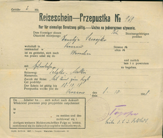 Reiseschein, Przepustka nr 969 [wystawiona 08.10.1918, ważna do 18.10.1918]