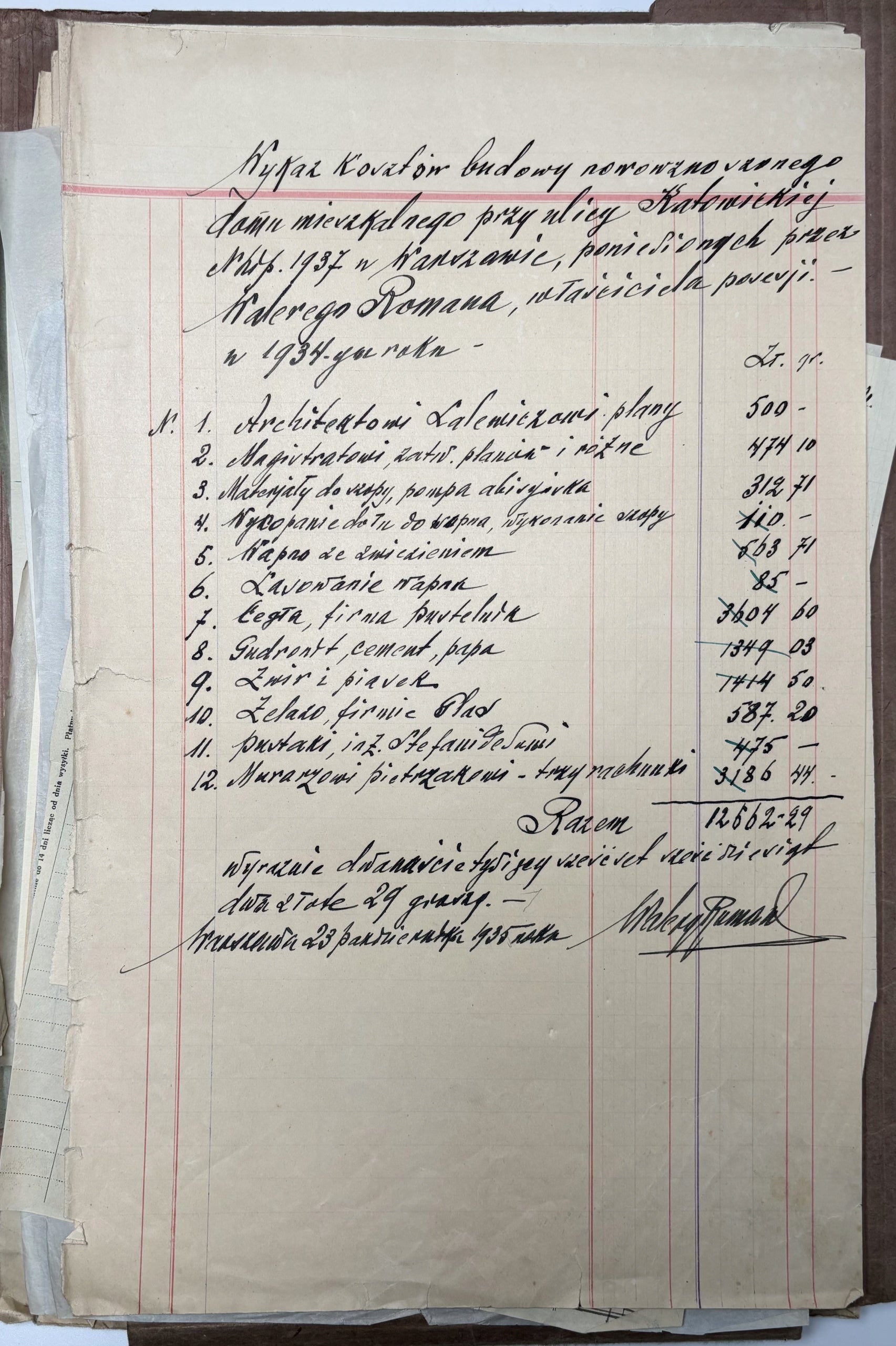 Zestaw dokumentów w oryginalnej teczce, dotyczących budowy Willi Romanów