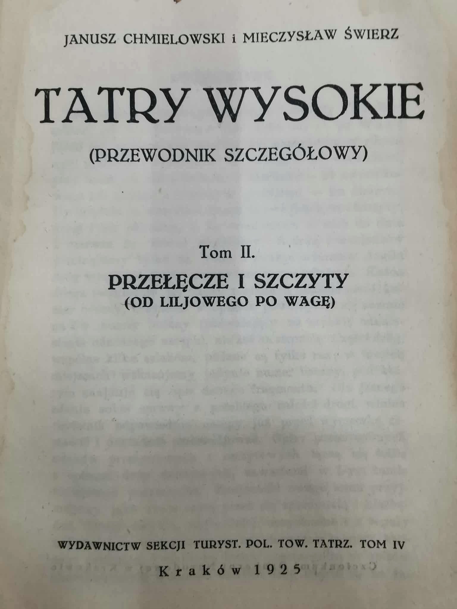 Tatry Wysokie II.Przełęcze i szczyty,J. Chmielowski M. Świerz [Kraków 1925]
