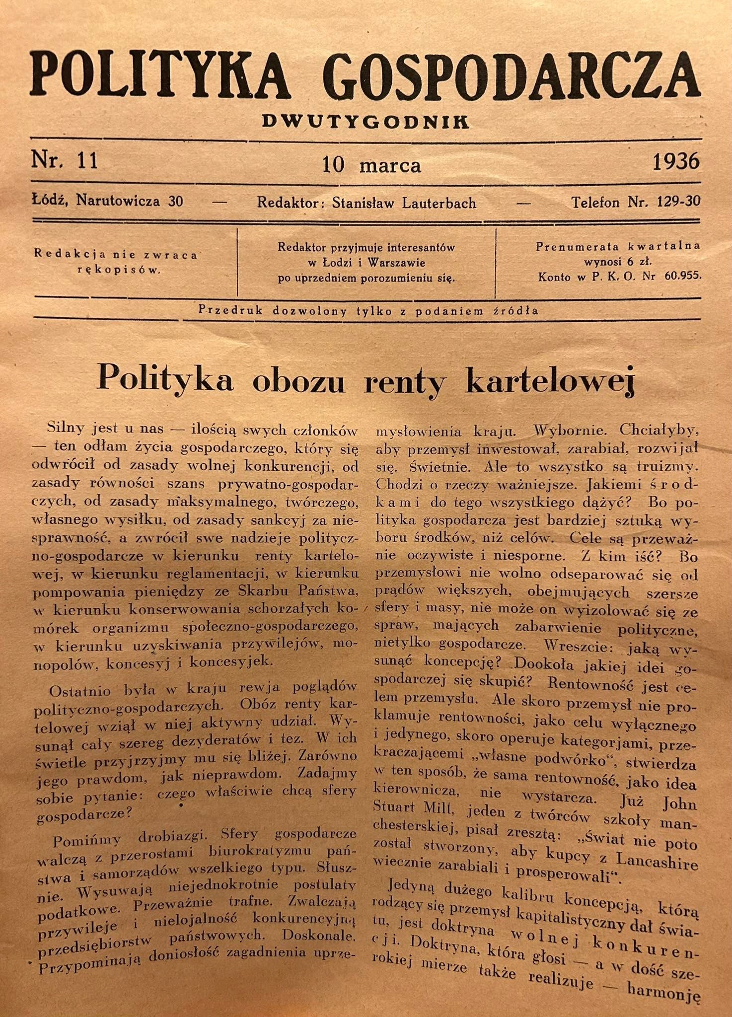 Polityka gospodarcza nr 11 [10 marca 1936] Dwutygodnik