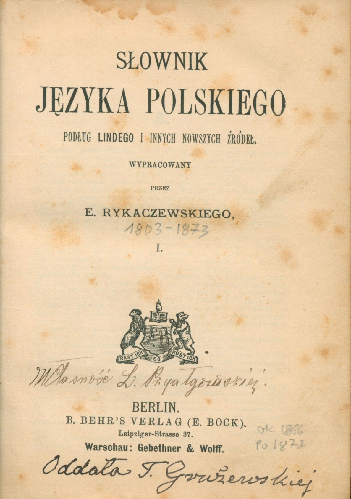 Rykaczewski Erazm- Słownik języka polskiego [t.I-II, komplet][Berlin 1866]