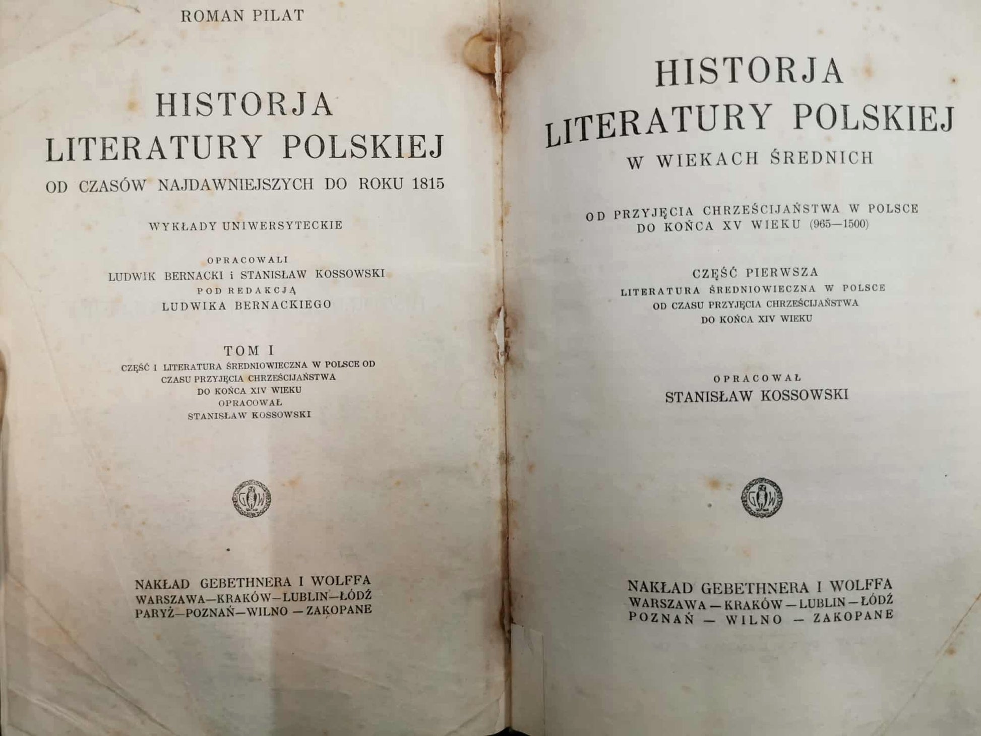 Historja Literatury Polskiej T. I-III, Roman Pilat [Warszawa 1926]