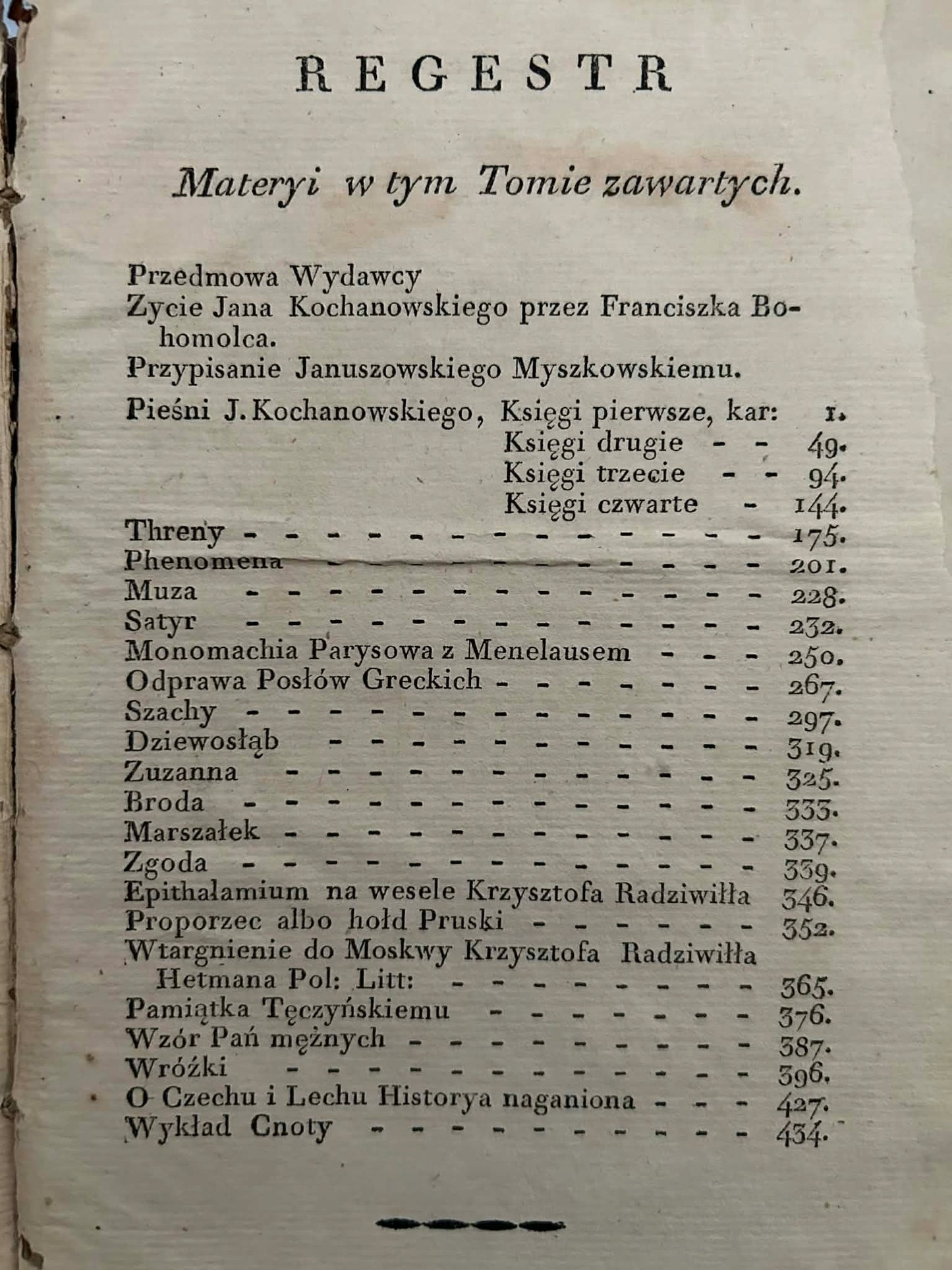 Dzieła polskie Jana Kochanowskiego Tom I - edycya T. Mostowskiego [1803 r.]