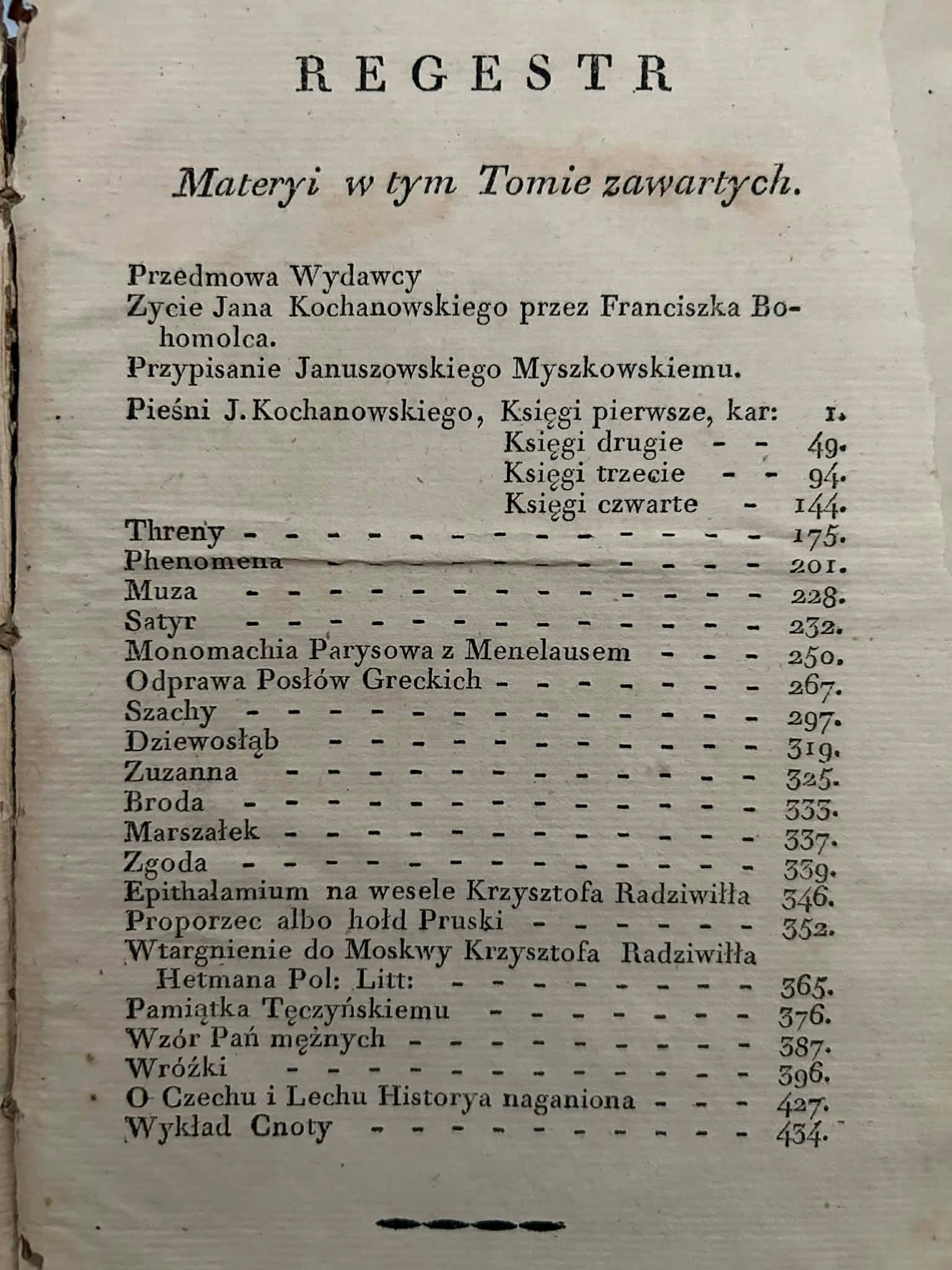 Dzieła polskie Jana Kochanowskiego Tom I - edycya T. Mostowskiego [1803 r.]