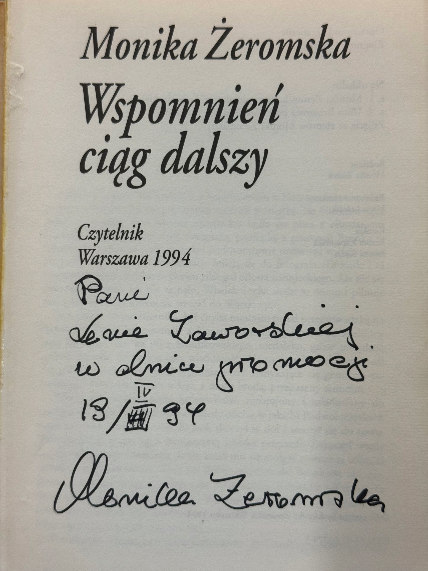 Wspomnień ciąg dalszy Monika Żeromska [dedykacja odautorska]
