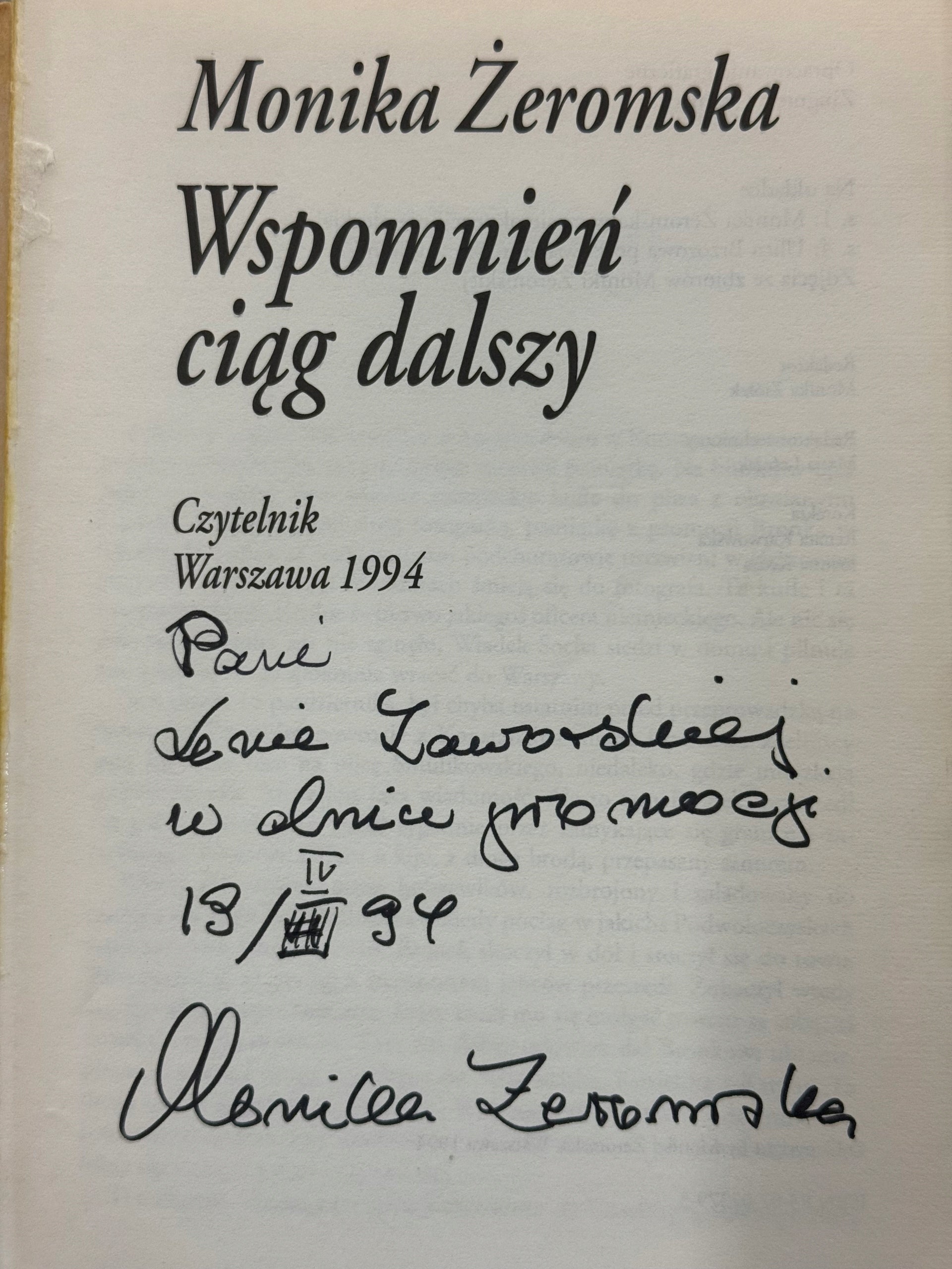 Wspomnień ciąg dalszy Monika Żeromska [dedykacja odautorska]
