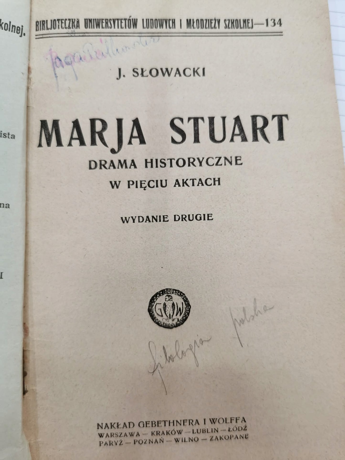 Marja Stuart. Drama historyczne w pięciu aktach, J. Słowacki [1925]