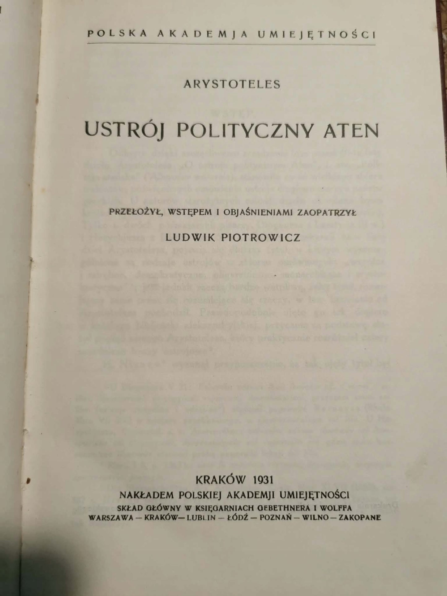 Ustrój polityczny Aten, Arystoteles [Kraków 1931]