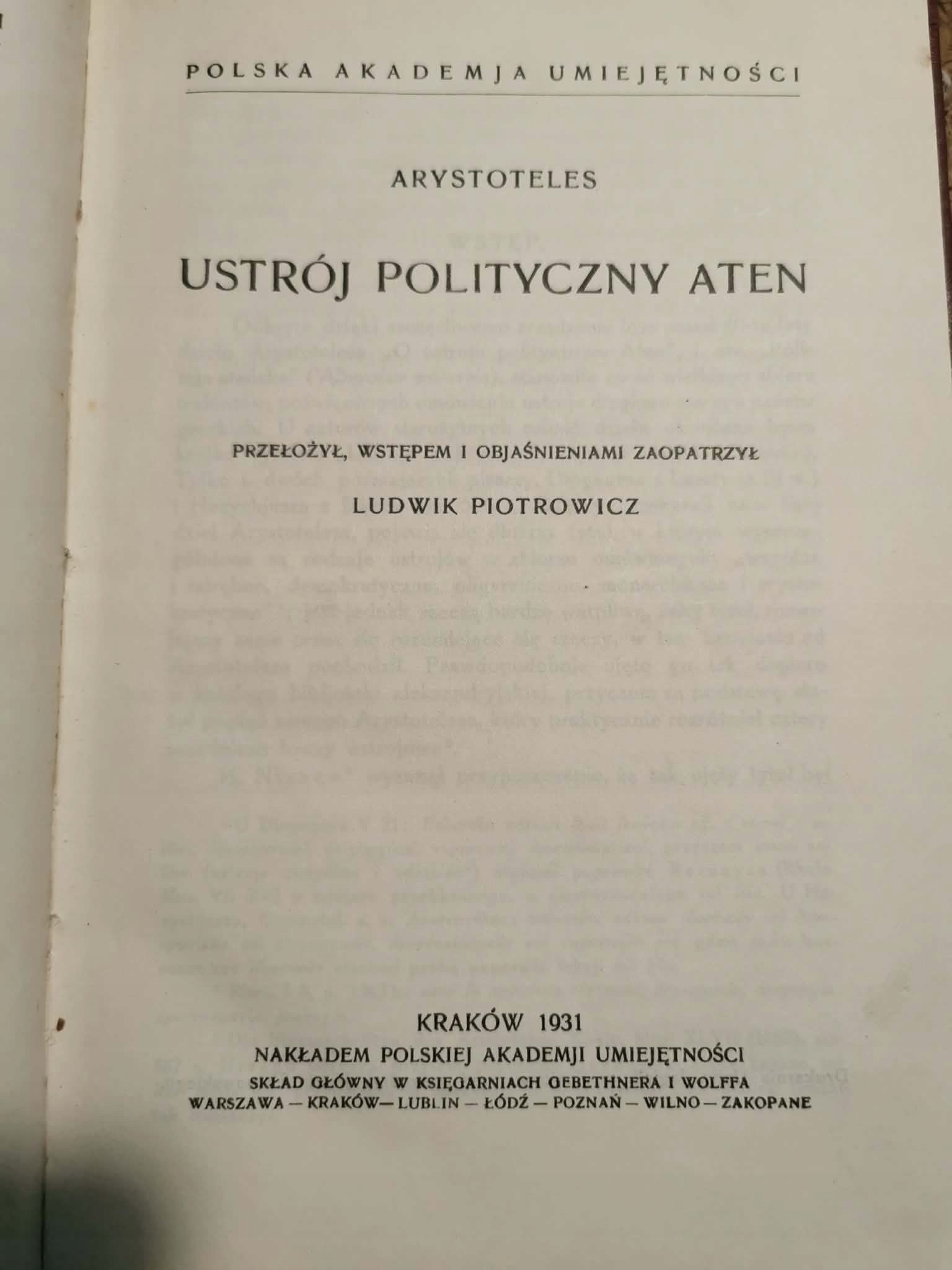 Ustrój polityczny Aten, Arystoteles [Kraków 1931]