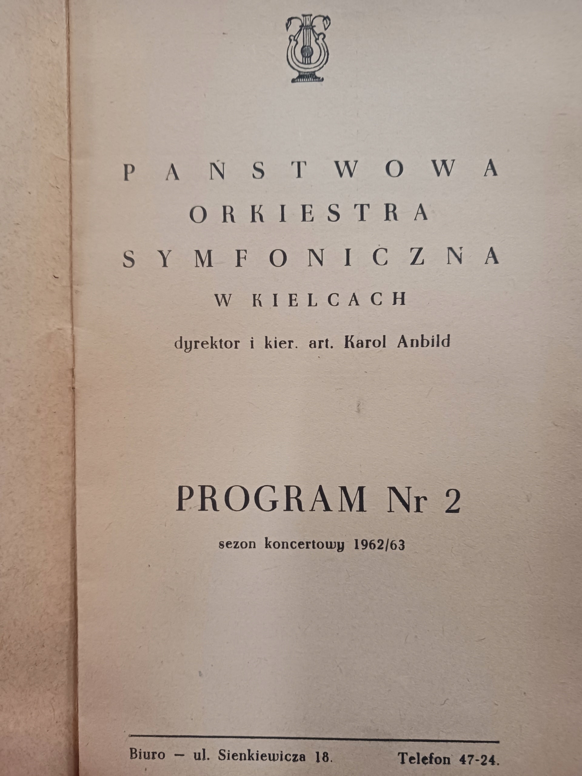 Państwowa Orkiestra Symfoniczna w Kielcach program nr 2 sezon 1962/63