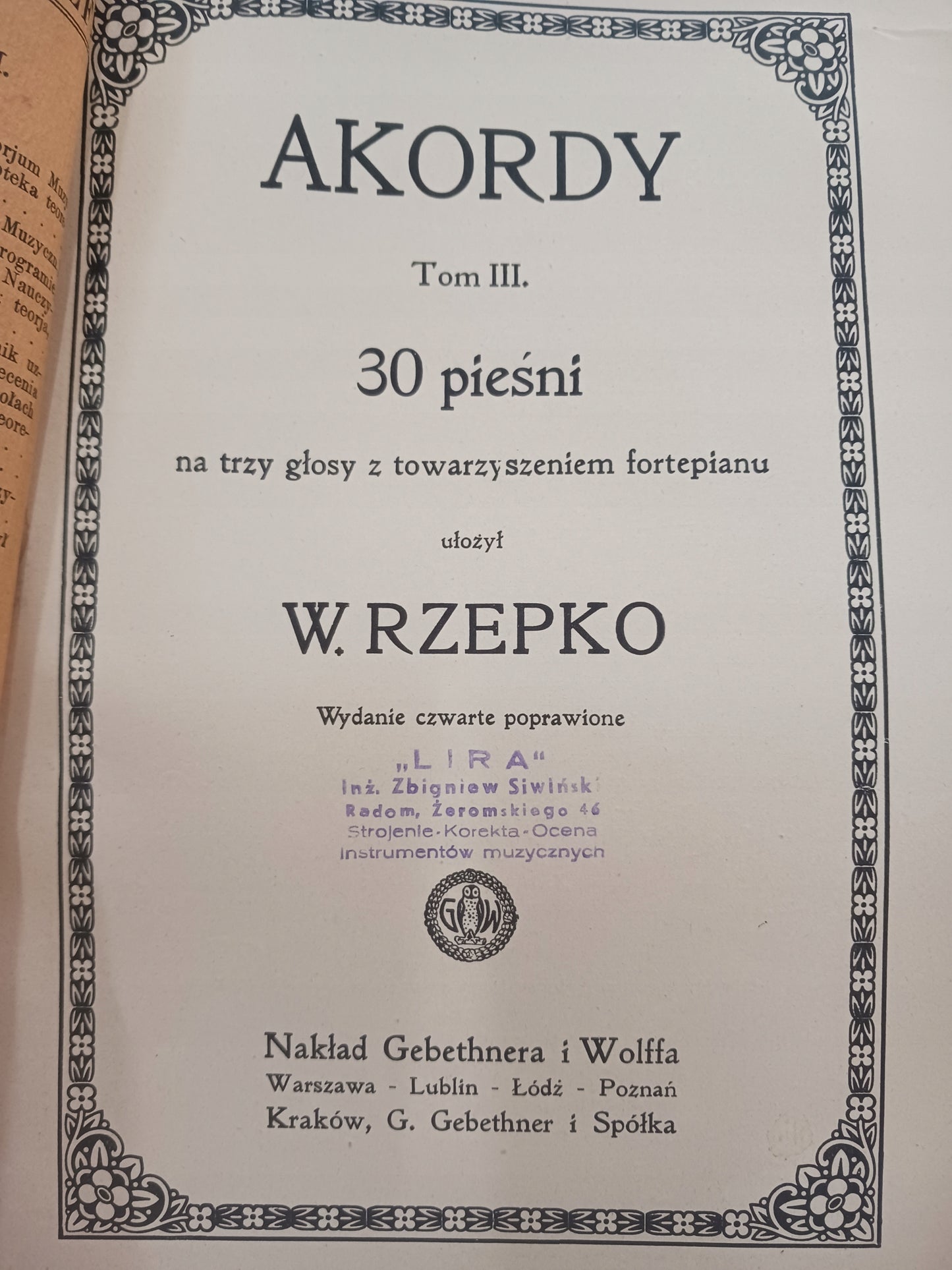 Akordy tom III. 30 pieśni na trzy głosy W. Rzepko [wydanie IV, ca 1920]