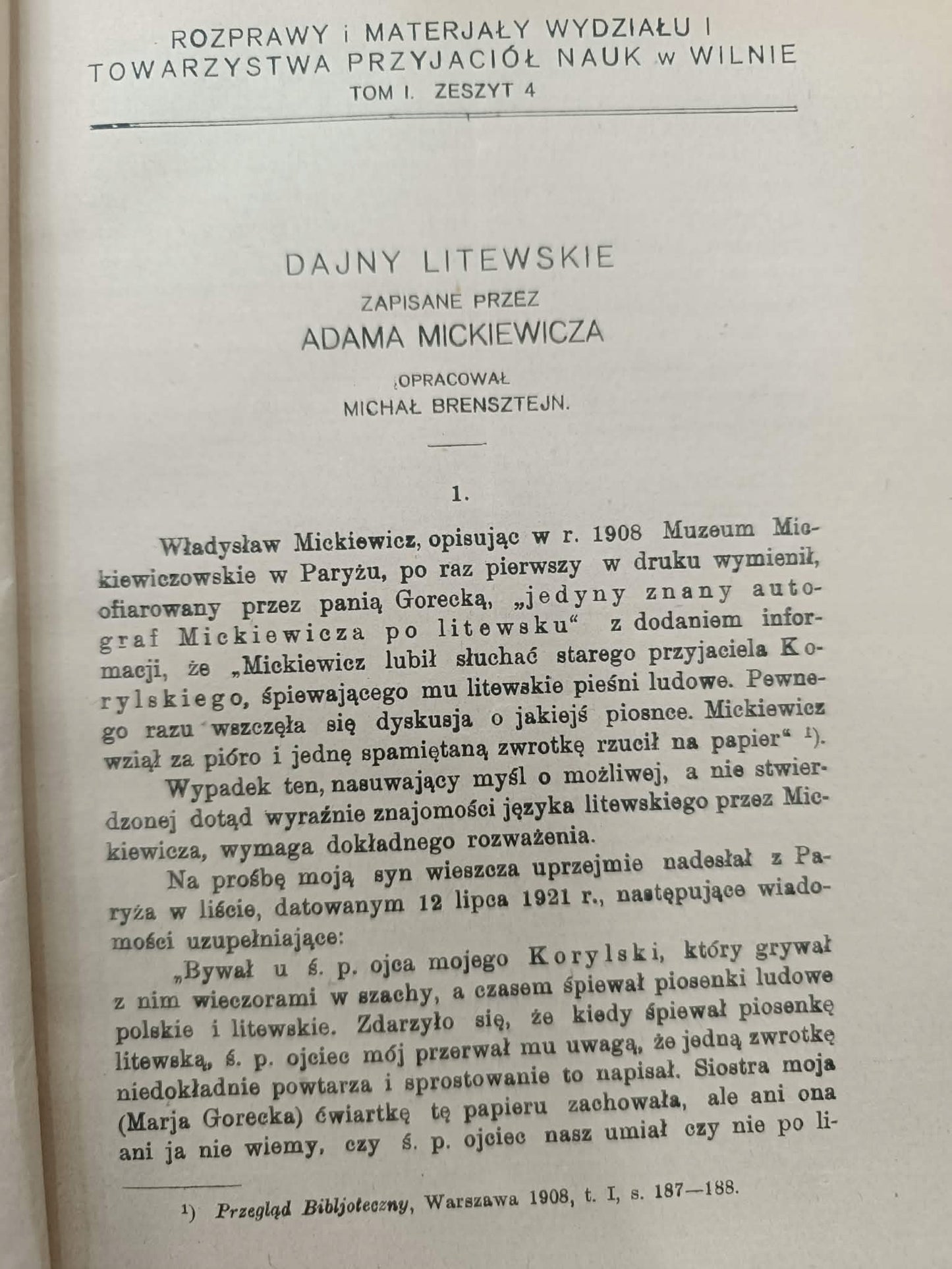 Dajny litewskie zapisane przez Adama Mickiewicza M. Brensztejn, J. Otrębski