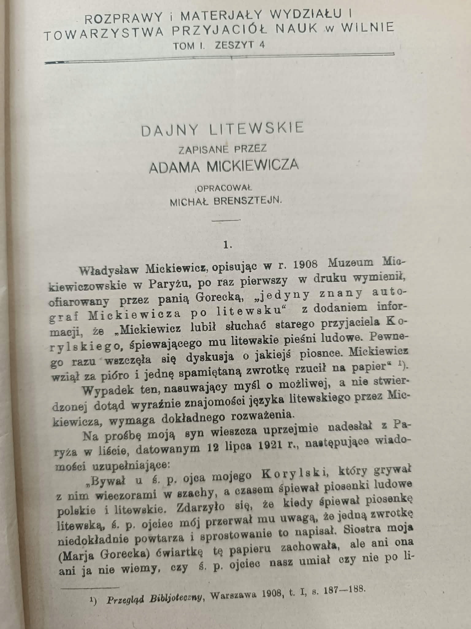 Dajny litewskie zapisane przez Adama Mickiewicza M. Brensztejn, J. Otrębski
