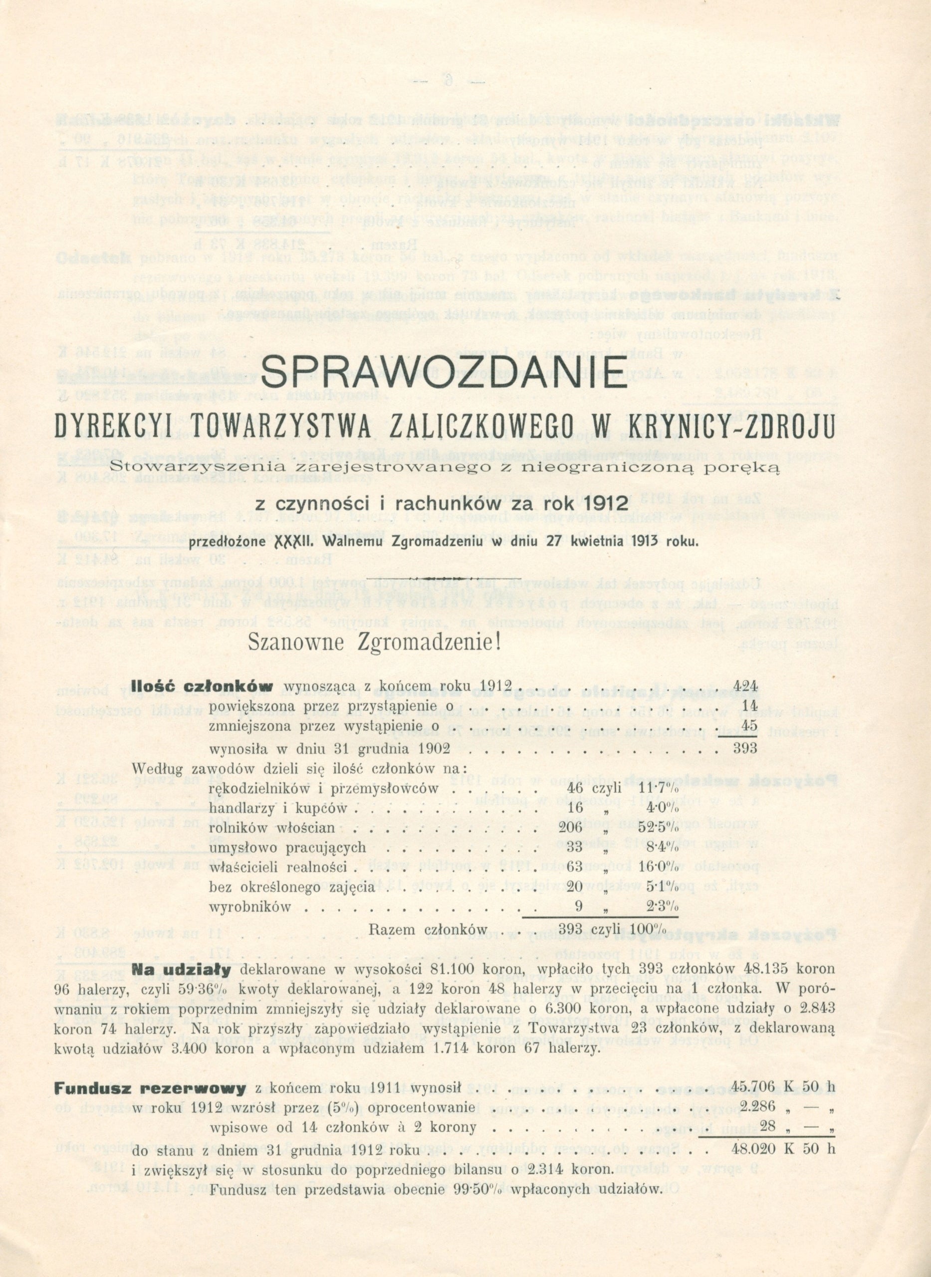 Sprawozdanie Towarzystwa Zaliczkowego w Krynicy-Zdroju z czynności [1913]