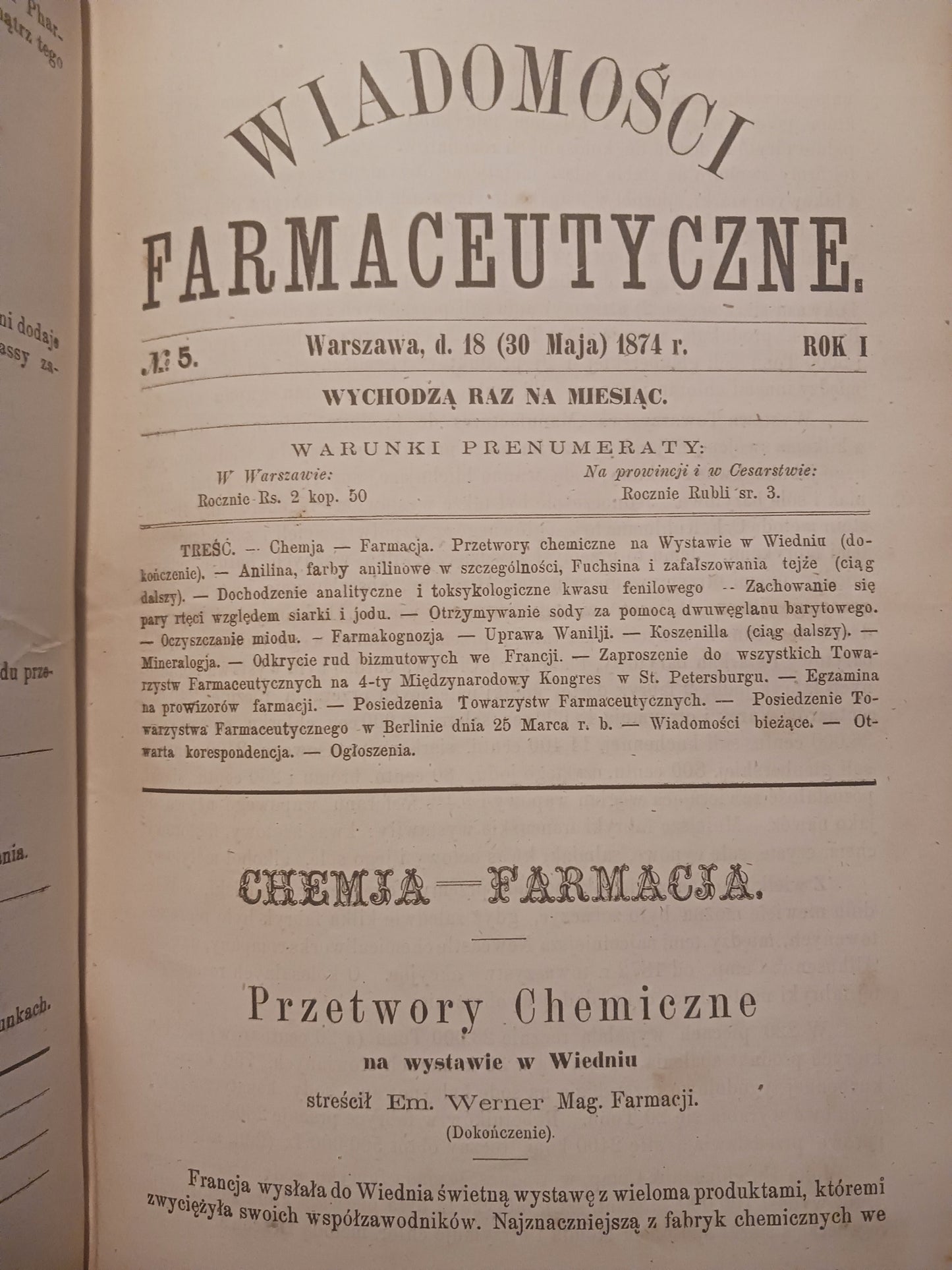 Wiadomości farmaceutyczne Tom I red. Jan Mrozowski [pełny rocznik 1874 r.]