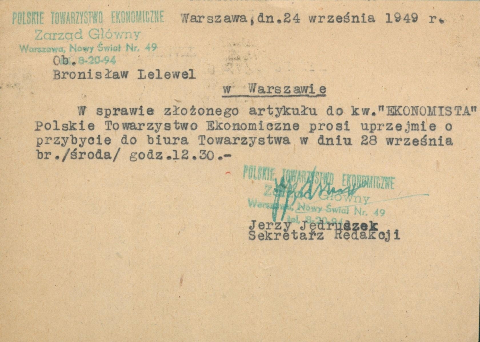 Zestaw dokumentów Bronisława Lelewela, w tym maszynopis pracy