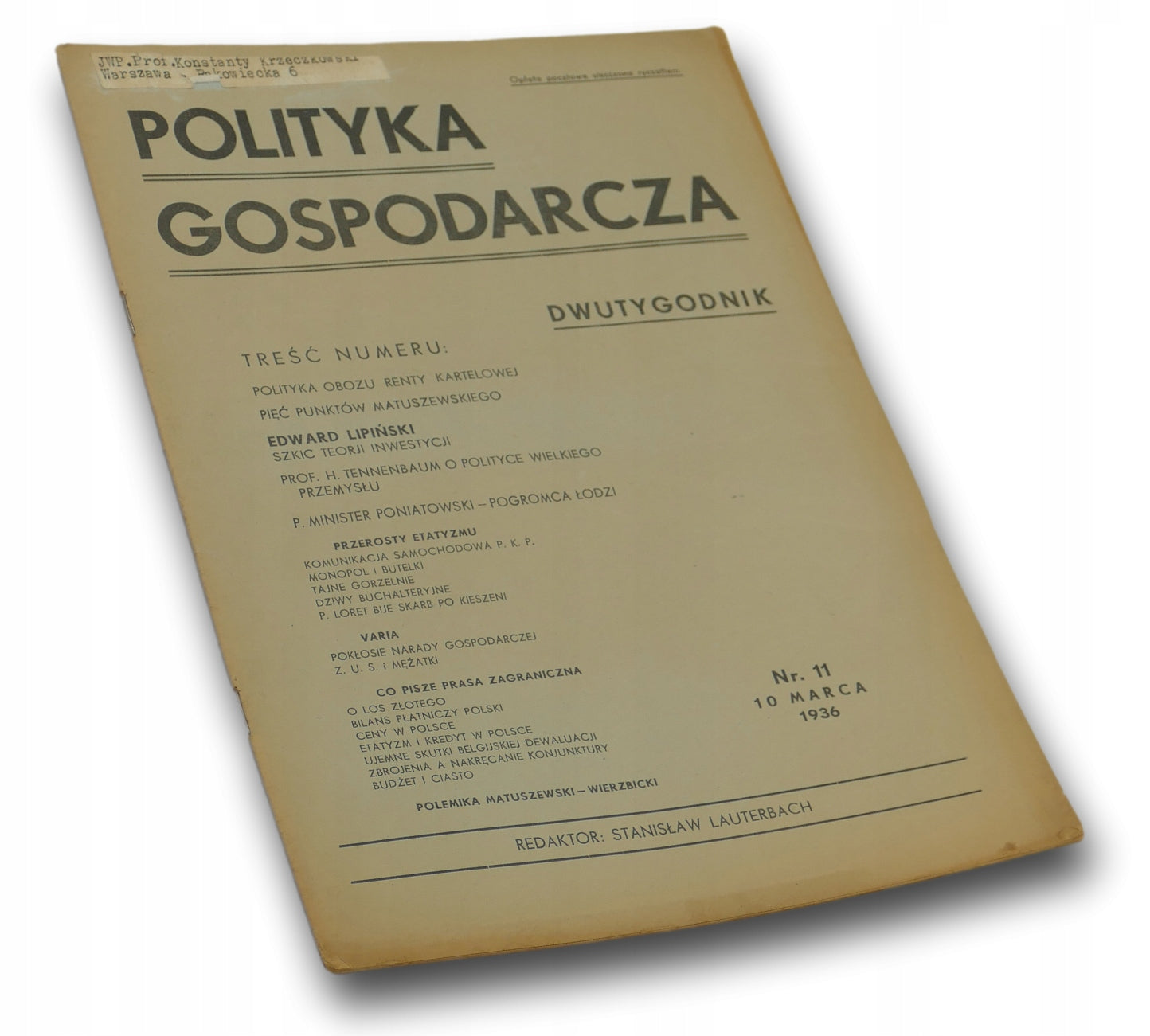 Polityka gospodarcza nr 11 [10 marca 1936] Dwutygodnik
