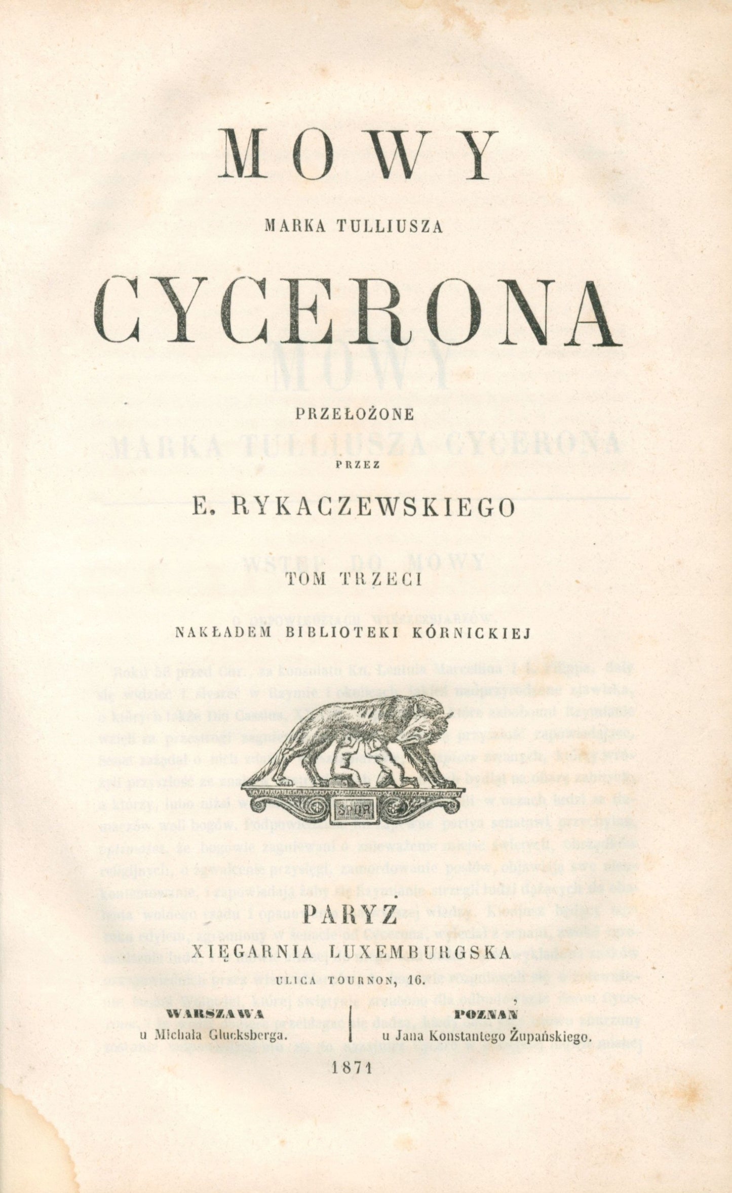 Mowy Marka Tulliusza Cycerona, t. I - III (komplet) [Paryż 1870 - 1871]