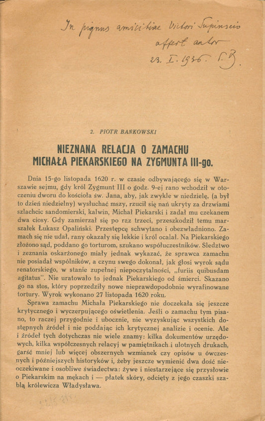 Bańkowski Nieznana relacja o zamachu Michała Piekarskiego[dedykacja autora]