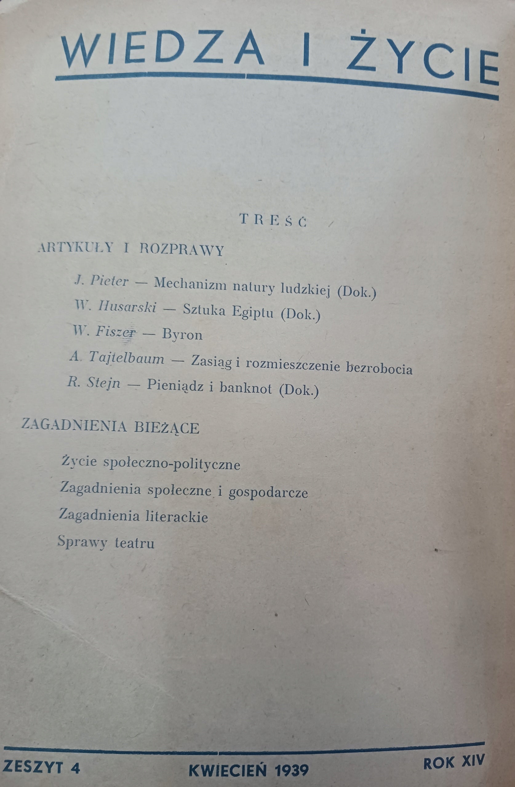 Wiedza i życie zeszyt 4 kwiecień 1939 rok XIV miesięcznik