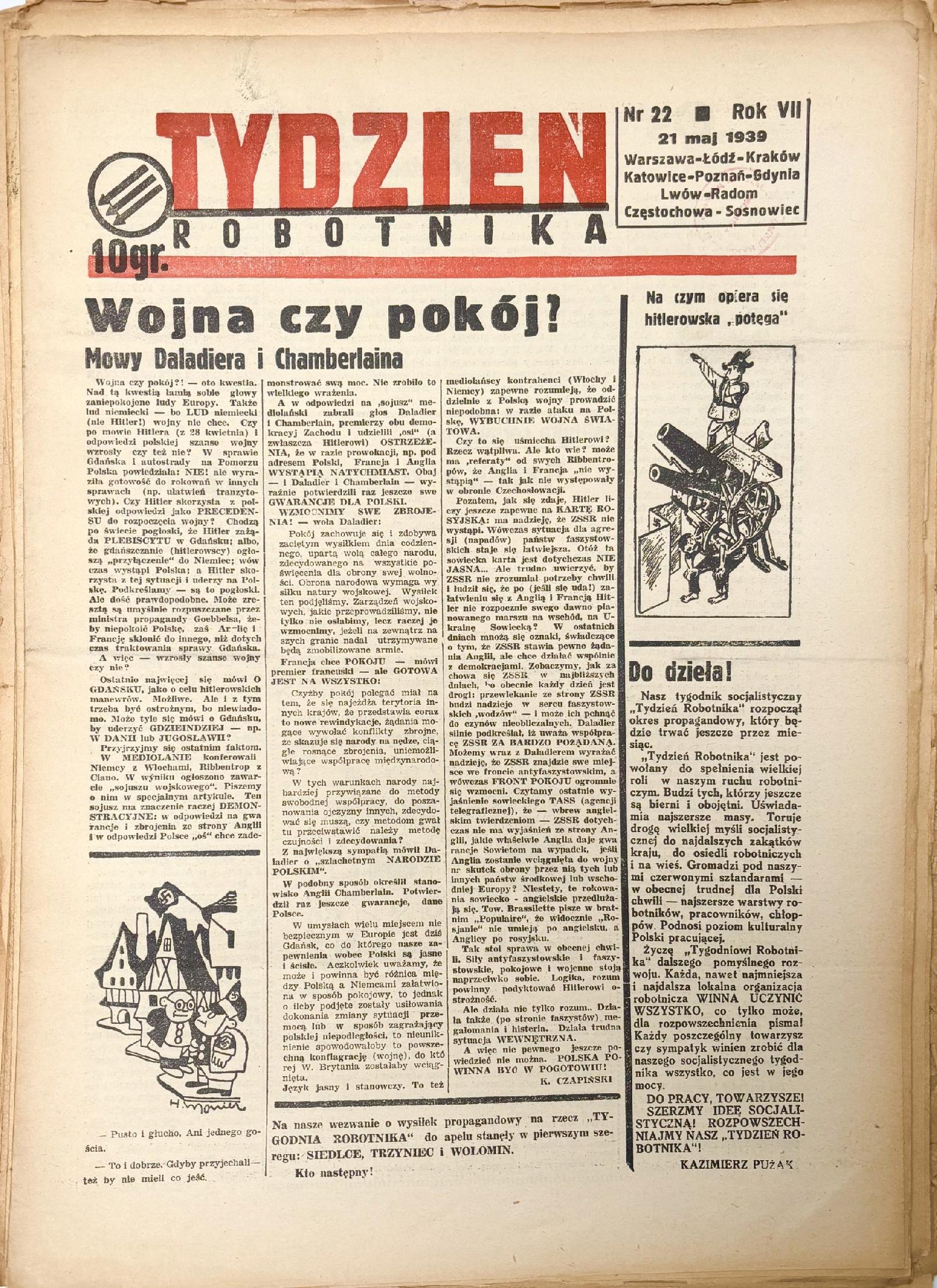 Tydzień Robotnika, nr 1 - 30 [Warszawa 01.01. - 16.07.1939]