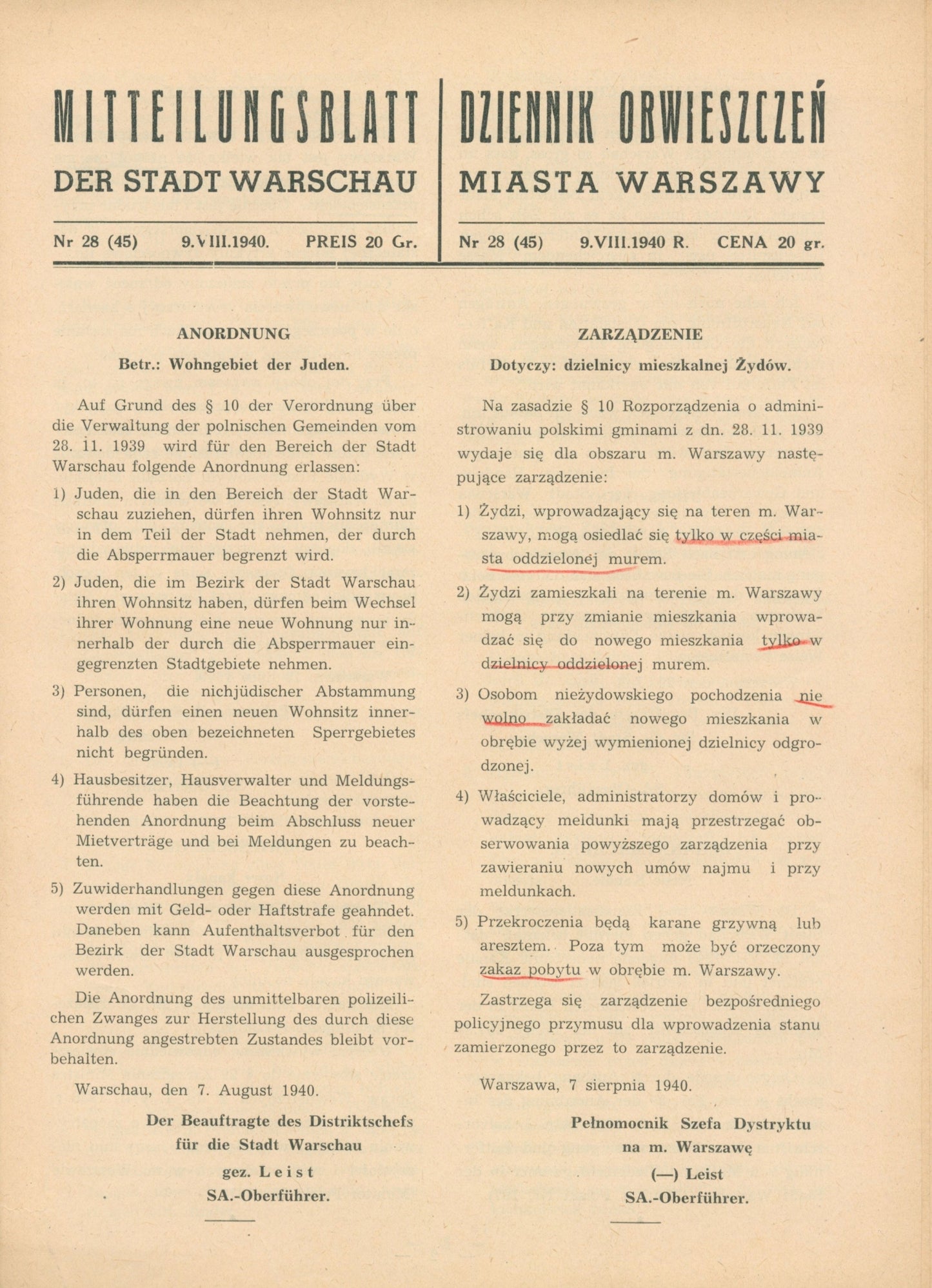 Dziennik obwieszczeń Miasta Warszawy nr.28(45), 9.VIII.1940