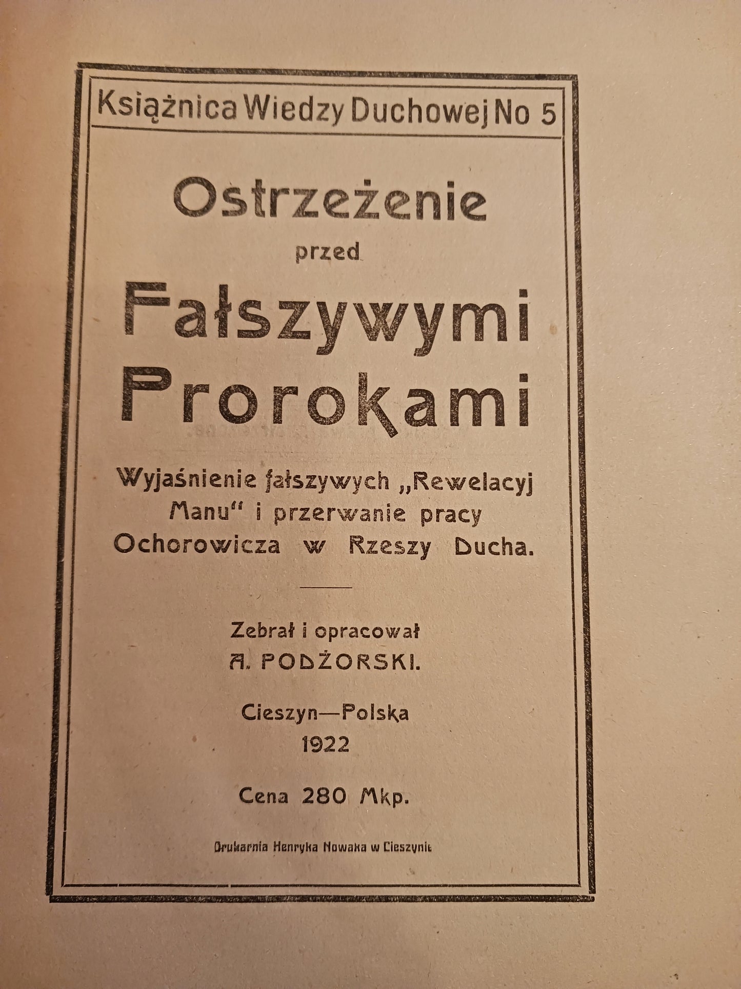 Ostrzeżenie przed Fałszywymi Prorokami A. Podżorski [1922 rok]
