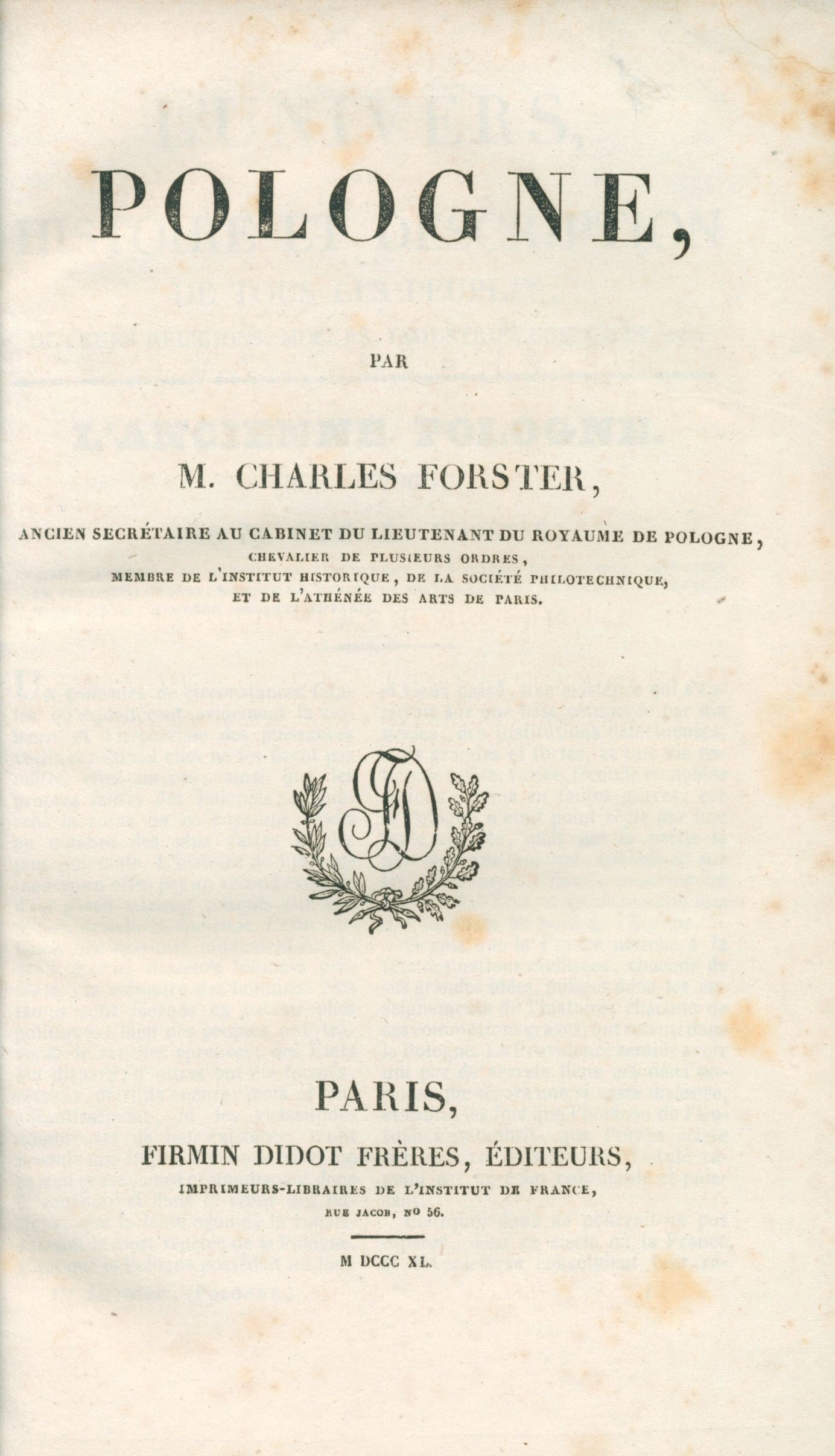 Forster Charles, Pologne [Paryż 1840] [historia Polski z 55 stalorytami]