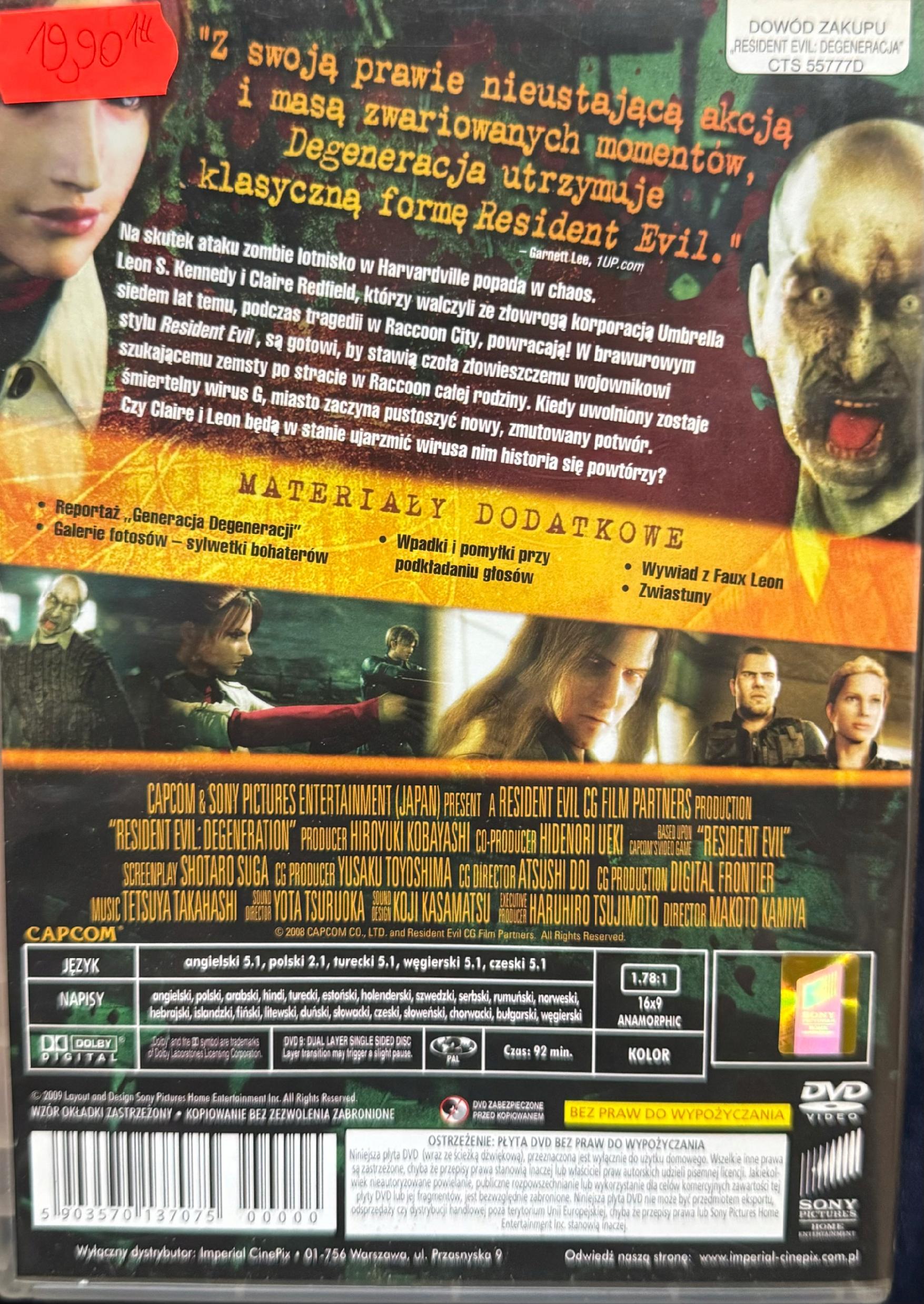 Resident Evil: Degeneracja płyta DVD