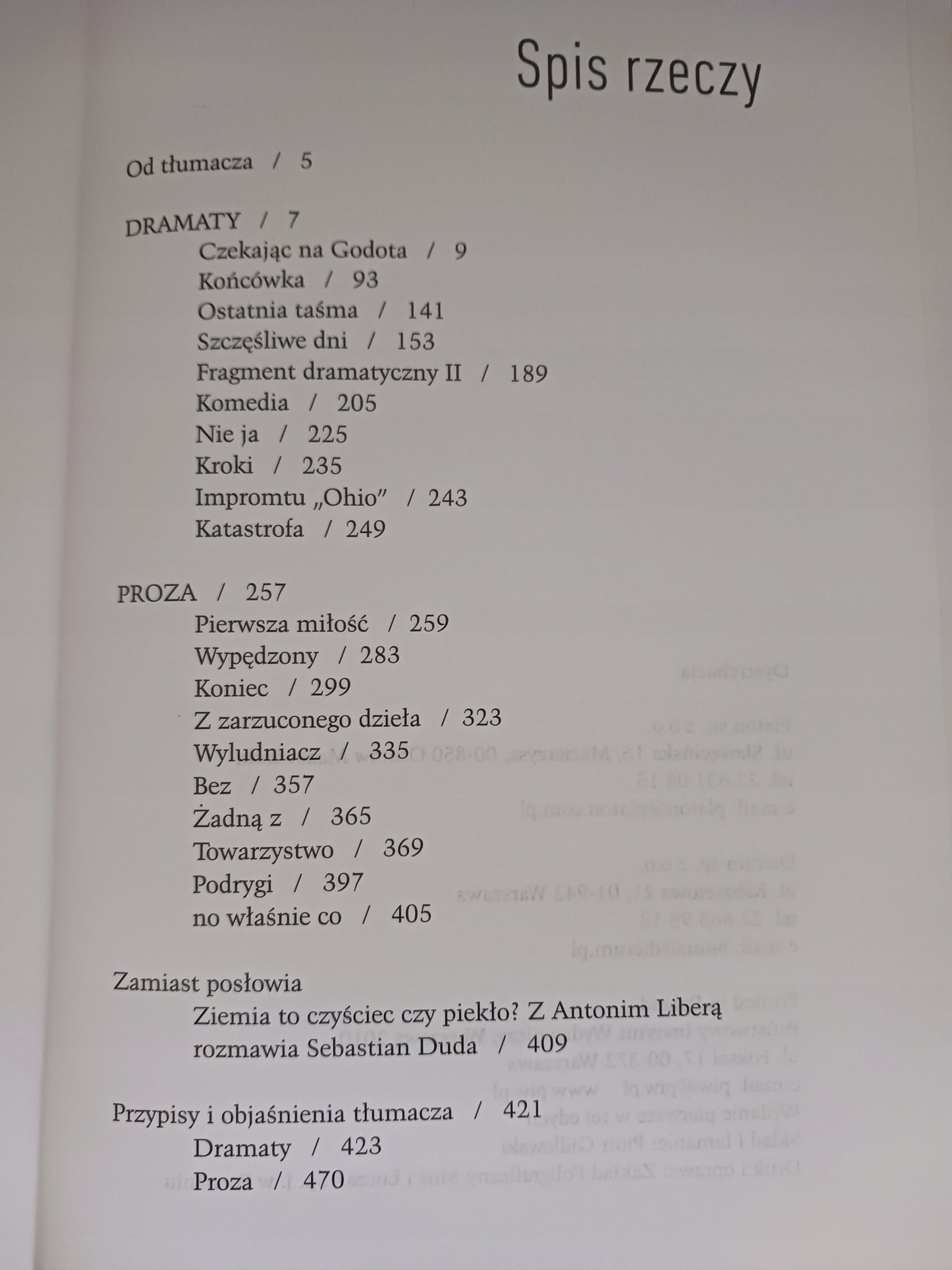 No właśnie co Dramaty i proza Samuel Beckett, przekład Antoni Libera